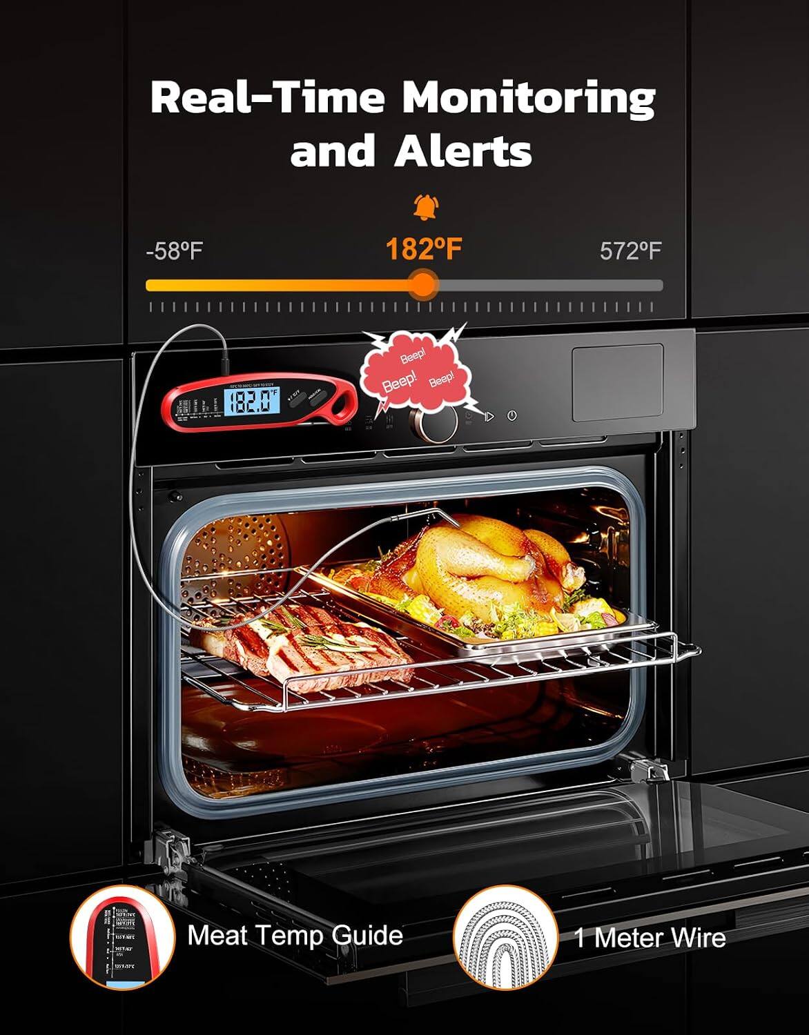 Real-Time Monitoring and Alerts
-58°F
182°F
572°F
F 182.0
Beep! Beep! Beep!
COLOR SHITRONIC 100 NOTO text TOTAKE KING
Meat Temp Guide
1 Meter Wire