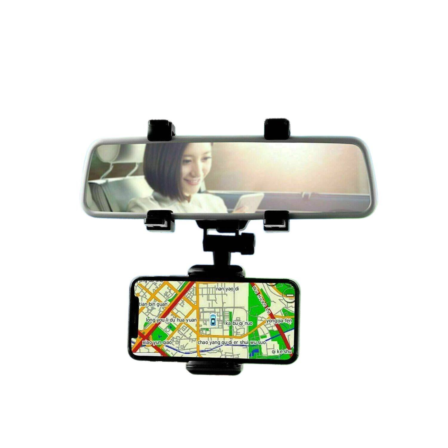 Stock Preferred - Universal 360° Rotation Rear View Mirror Car Phone Holder – Adjustable Clip Mount for GPS & Smartphones - Black