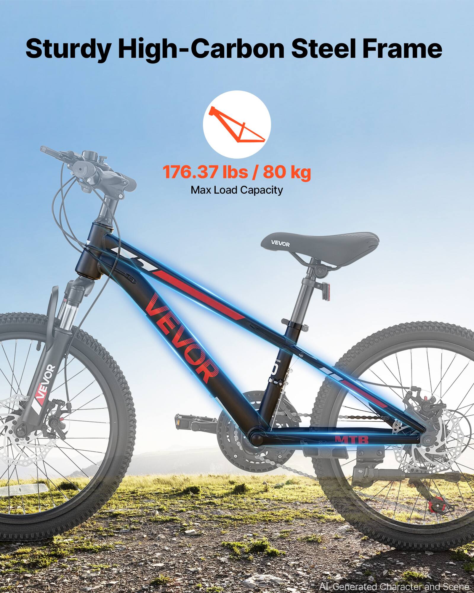 Sturdy High-Carbon Steel Frame  
176.37 lbs / 80 kg Max Load Capacity  
VEVOR  
VEVOR  
VEVOR  
MTB  
AI-Generated Character and Scene