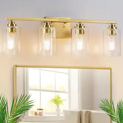 Front. Nordic Hygge - 4-Light Gold Modern Bathroom Vanity Light with Clear Glass Shades.