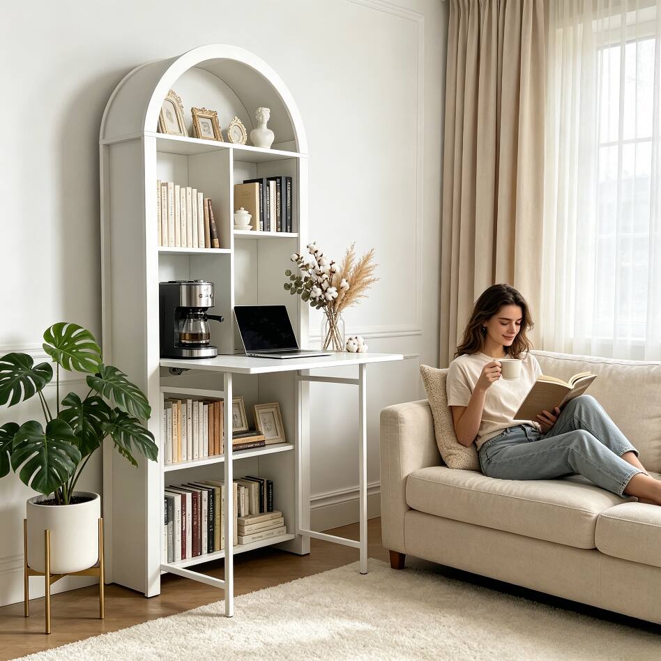 Alt View 3. Bestier - Bookshelf With Fold Down Hidden Desk, Hideaway Desk with Storage Hutch, 71in Space-Saving Storage Cabinet - White.