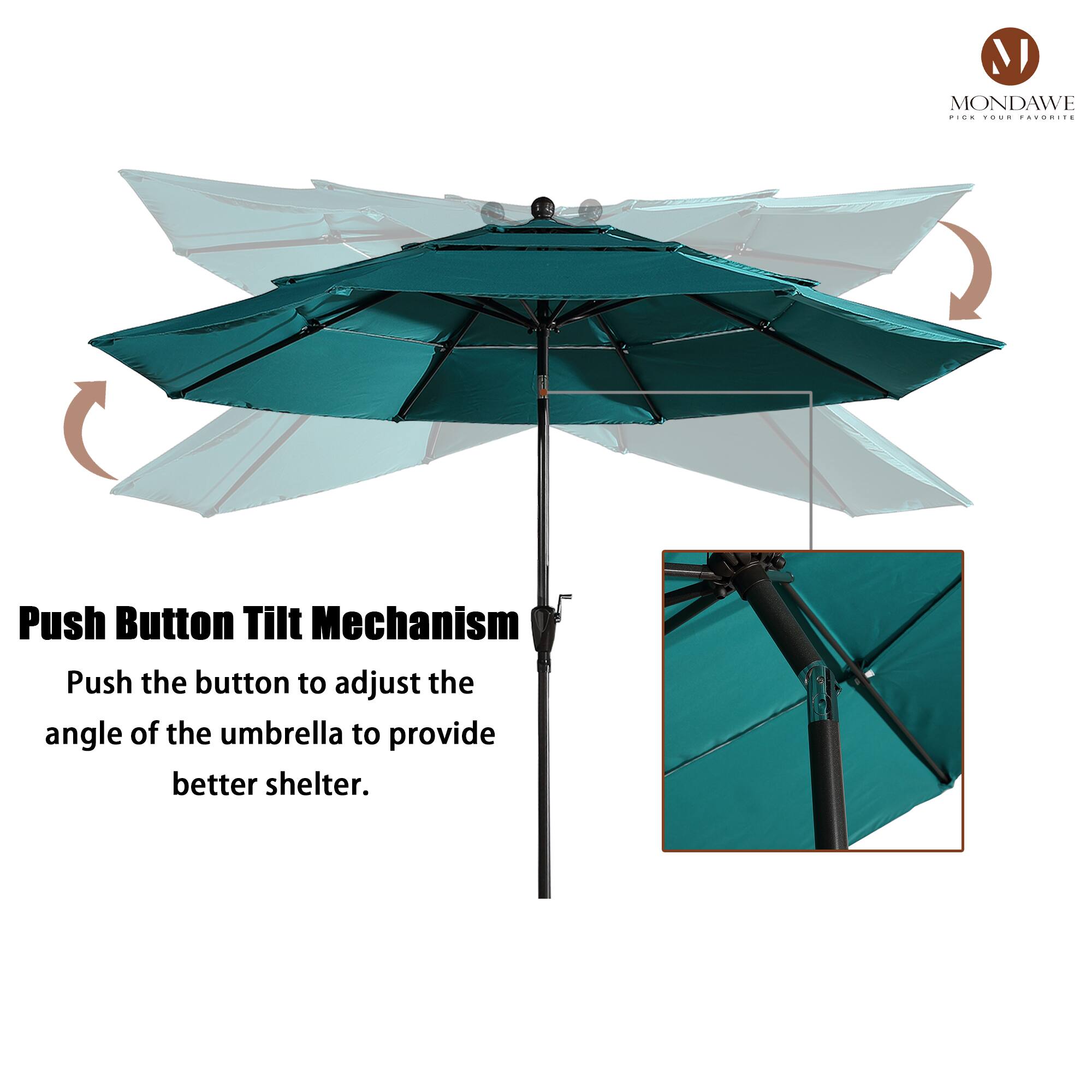 Push Button Tilt Mechanism  
Push the button to adjust the angle of the umbrella to provide better shelter.