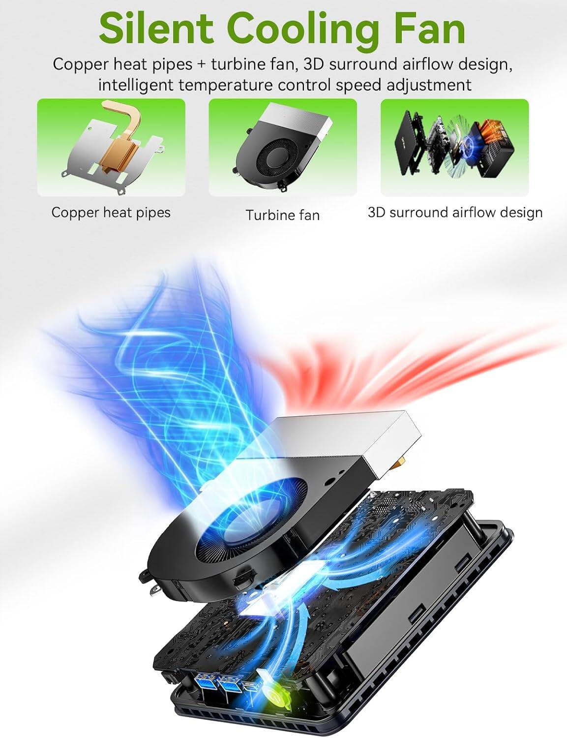 Silent Cooling Fan  
Copper heat pipes + turbine fan, 3D surround airflow design, intelligent temperature control speed adjustment  
Copper heat pipes  
Turbine fan  
3D surround airflow design