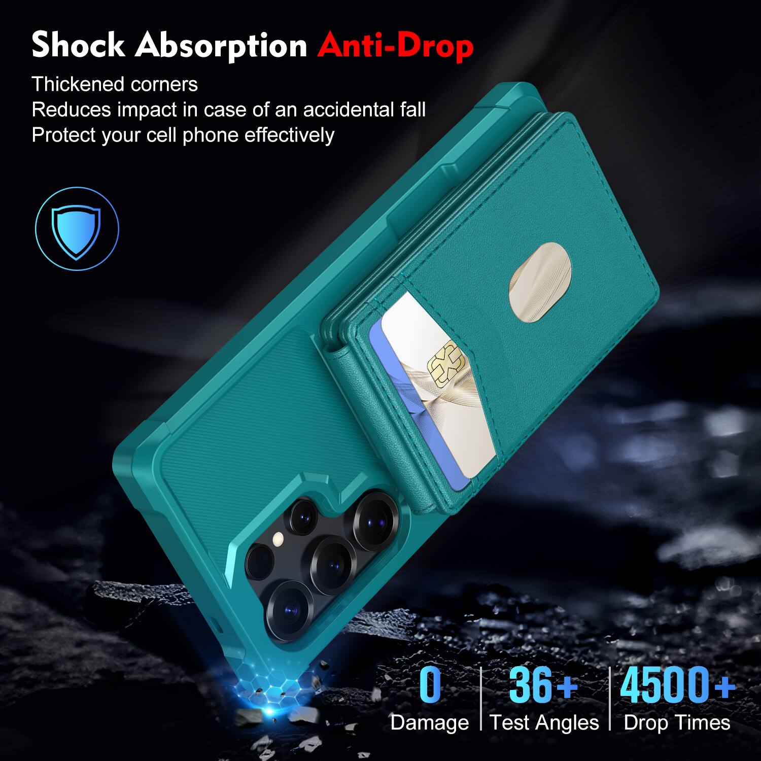 Shock Absorption Anti-Drop  
Thickened corners  
Reduces impact in case of an accidental fall  
Protect your cell phone effectively  

0 Damage  
36+ Test Angles  
4500+ Drop Times