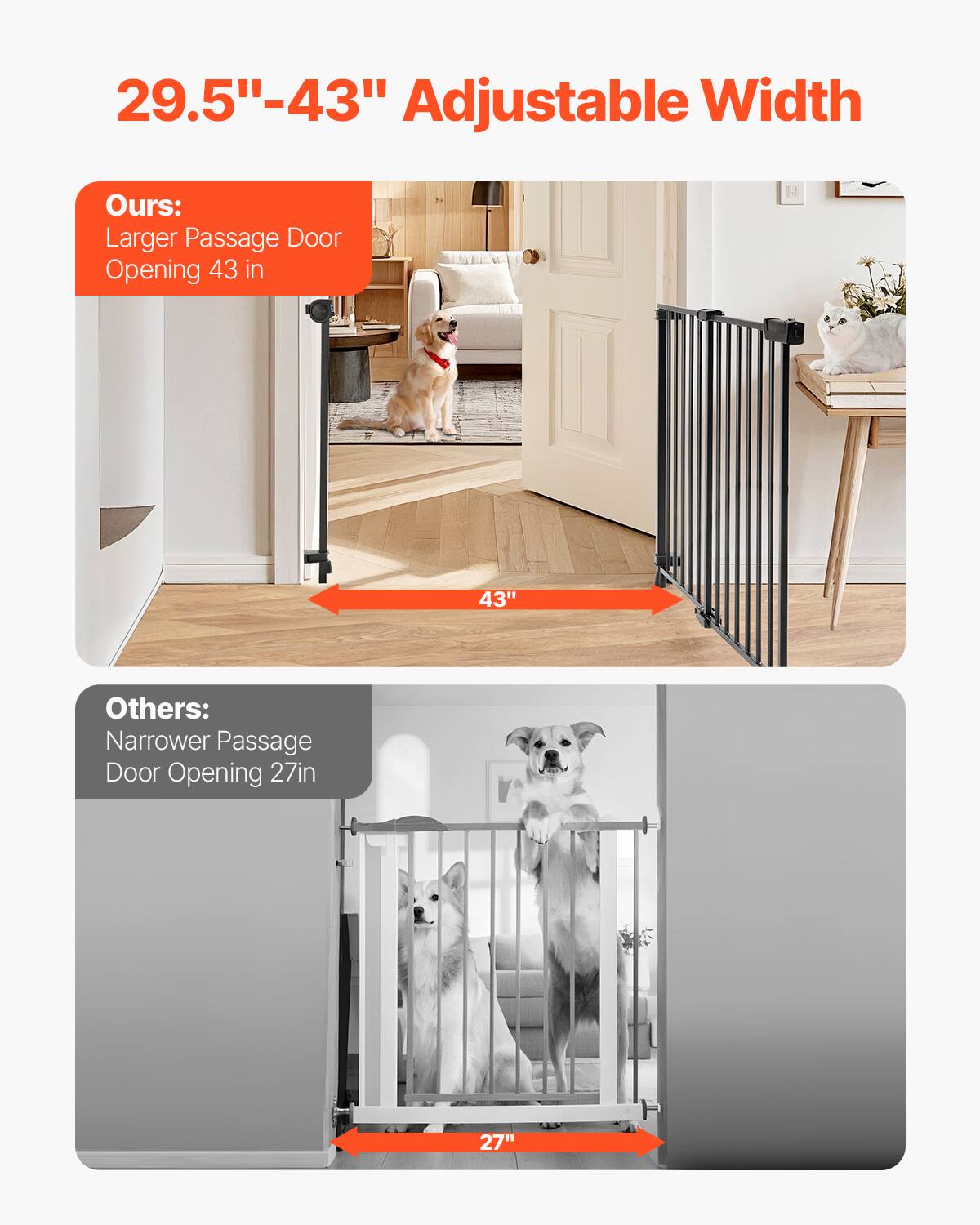 29.5"-43" Adjustable Width

Ours: Larger Passage Door Opening 43 in

Others: Narrower Passage Door Opening 27 in