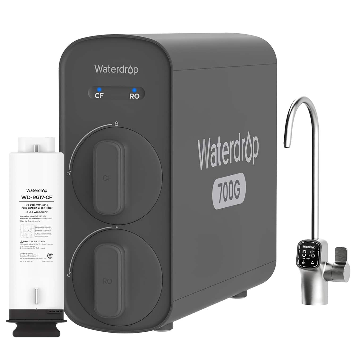 Waterdrop CF RO  
Waterdrop WD-RG17-CF  
Pre-sediment and Post-carbon Block Filter  
Model: WD-RG17-CF  
First use: 12 months  
Replace every 12 months  
700G  
Waterdrop  
CF  
RO  
Waterdrop  
700G