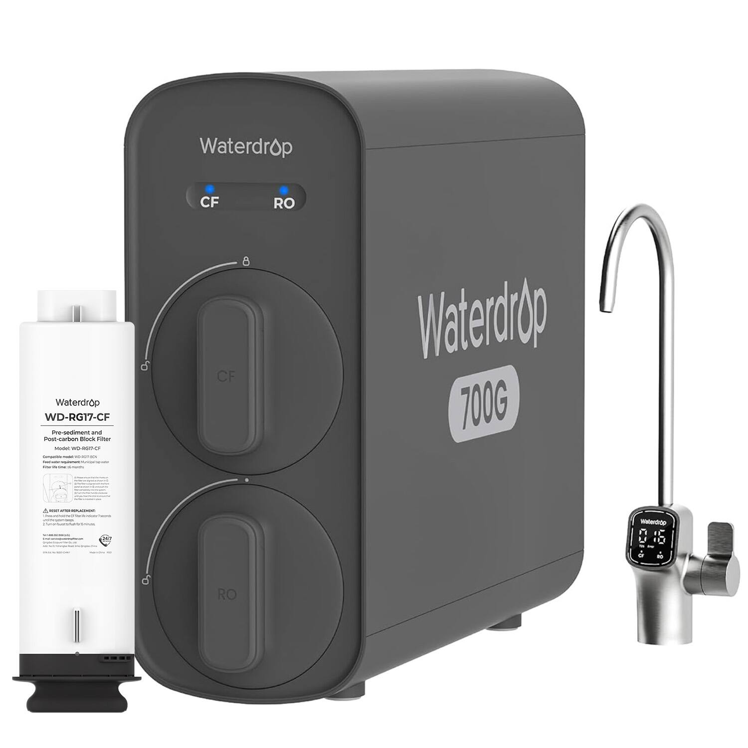 Waterdrop CF RO  
Waterdrop WD-RG17-CF  
Pre-sediment and Post-carbon Block Filter  
Model: WD-RG17-CF  
First use: 12 months  
Replace every 12 months  
700G  
Waterdrop  
CF  
RO  
Waterdrop  
700G