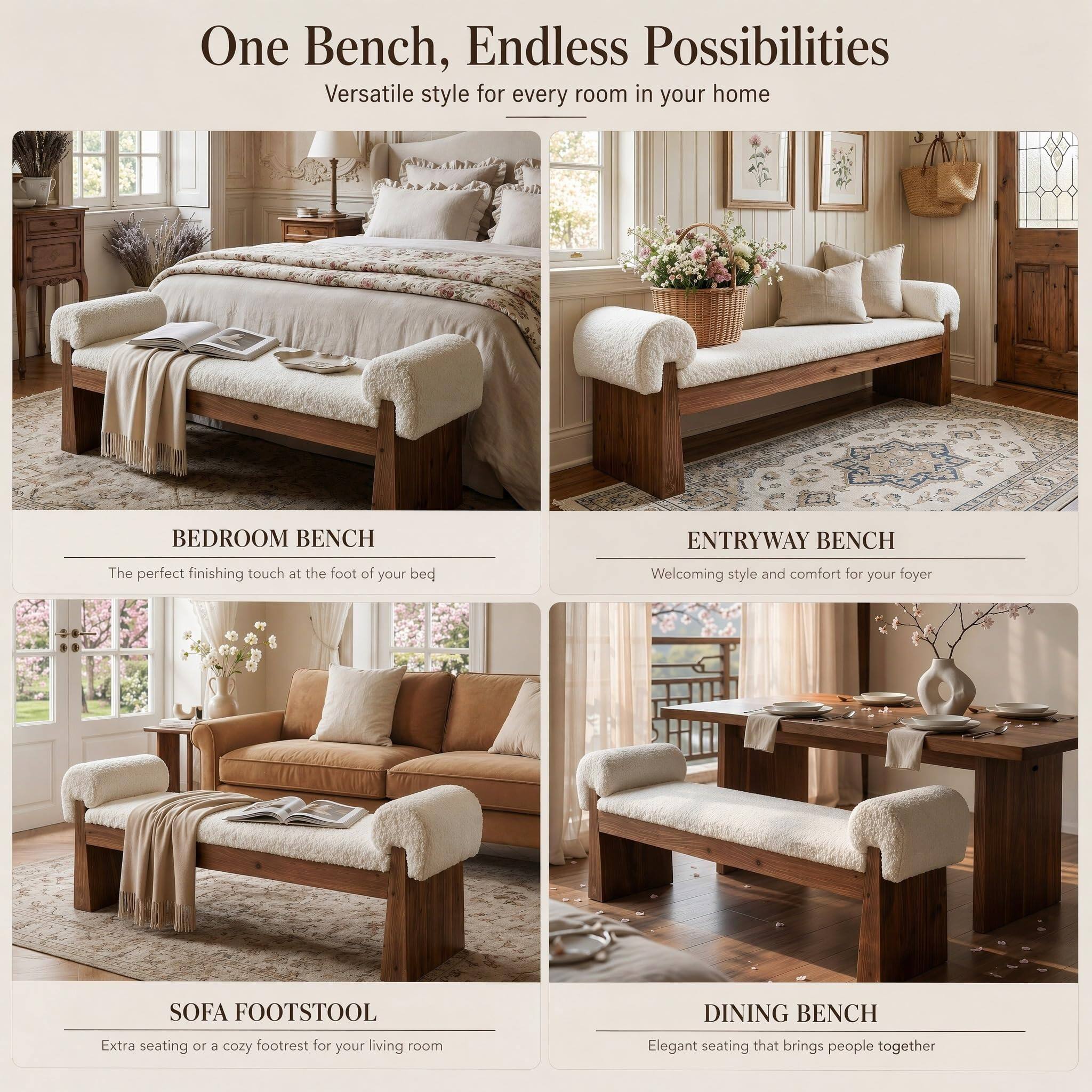 One Bench, Endless Possibilities  
Versatile style for every room in your home

BEDROOM BENCH  
The perfect finishing touch at the foot of your bed

ENTRYWAY BENCH  
Welcoming style and comfort for your foyer

SOFA FOOTSTOOL  
Extra seating or a cozy footrest for your living room

DINING BENCH  
Elegant seating that brings people together