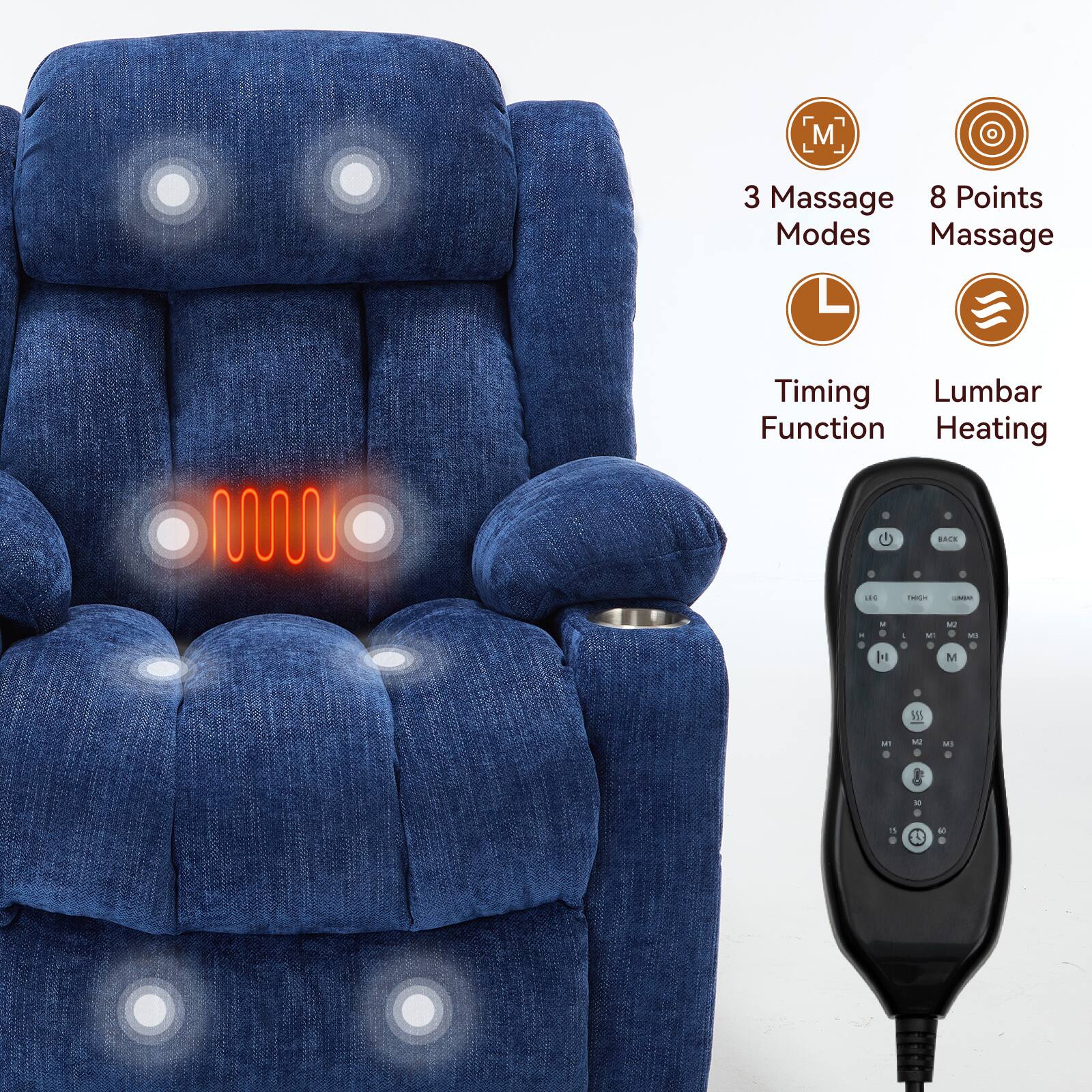 3 Massage Modes  
8 Points Massage  
Timing Function  
Lumbar Heating