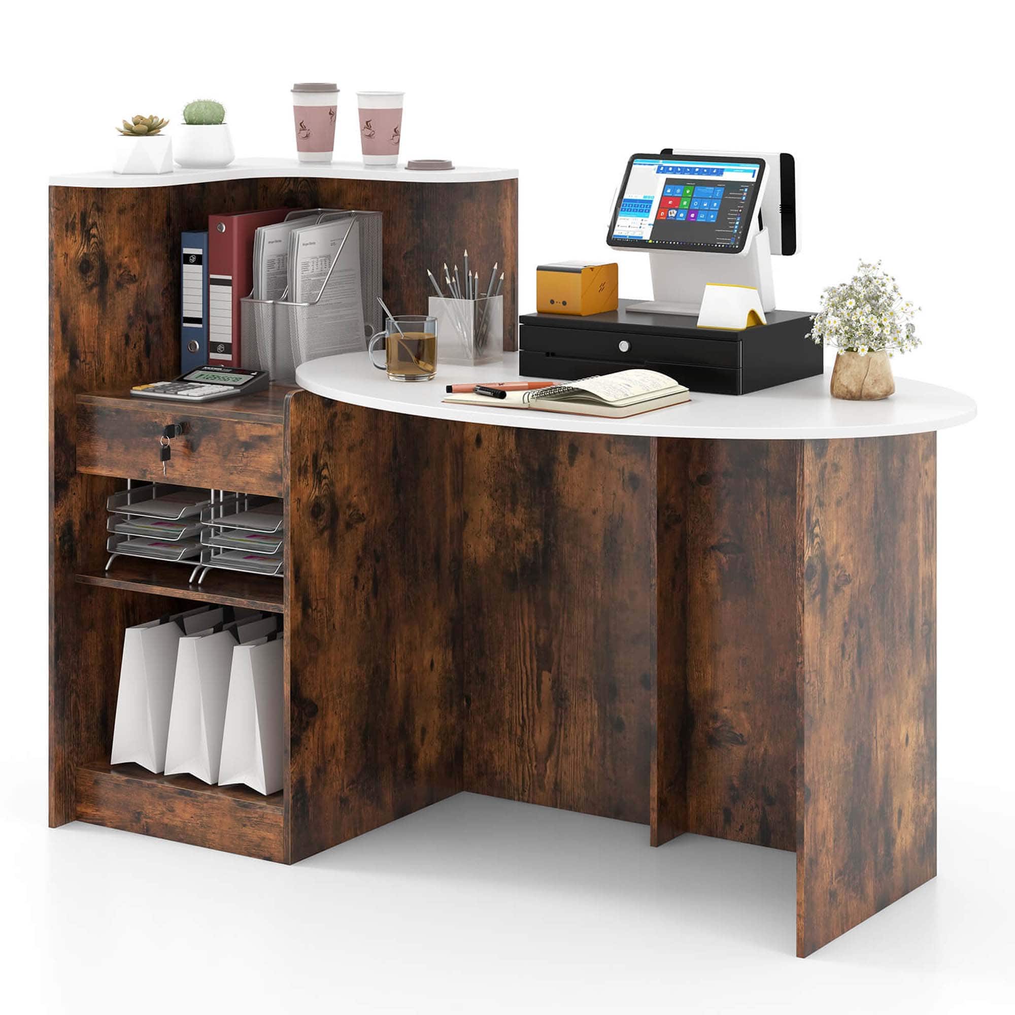 Costway - Reception Desk with Lockable Drawer & Adjustable Shelf Oval Tabletop for Store White - White & Rustic Brown