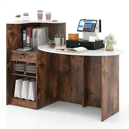 Costway - Reception Desk with Lockable Drawer & Adjustable Shelf Oval Tabletop for Store White - White & Rustic Brown