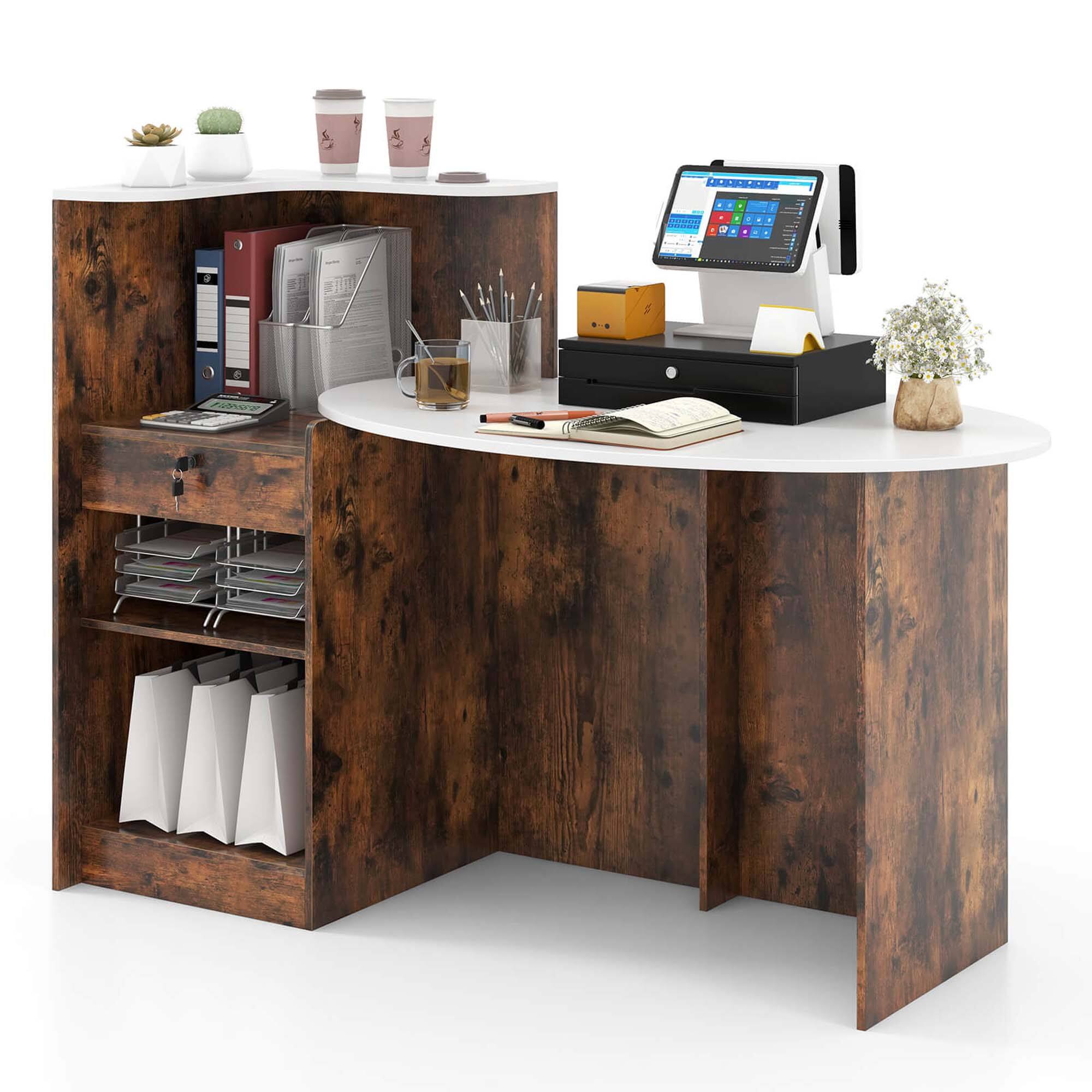 Front. Costway - Costway Reception Desk with Lockable Drawer & Adjustable Shelf Oval Tabletop for Store White - White & Rustic Brown.