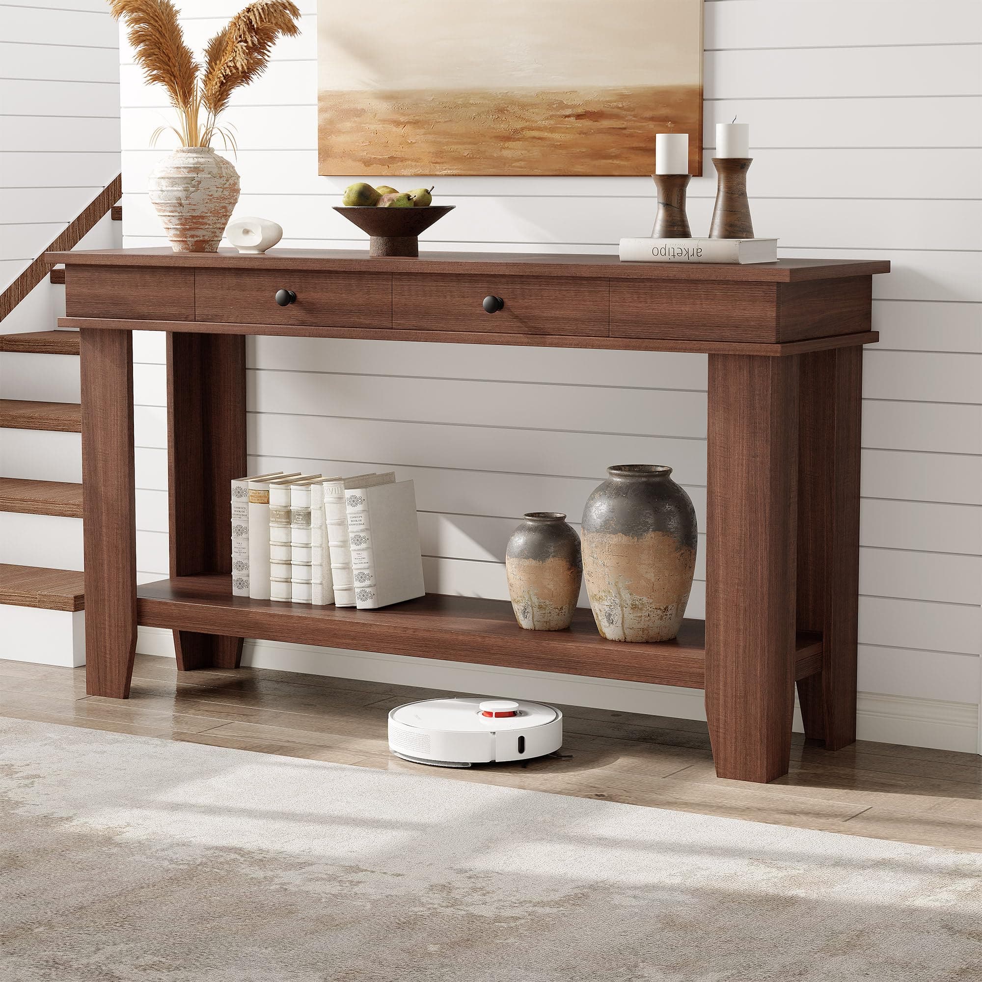 Qeetex - 54-Inch Console Table with Drawers, Wooden Entryway Table with Open Shelf, Farmhouse Sofa Table for Living Room - Brown