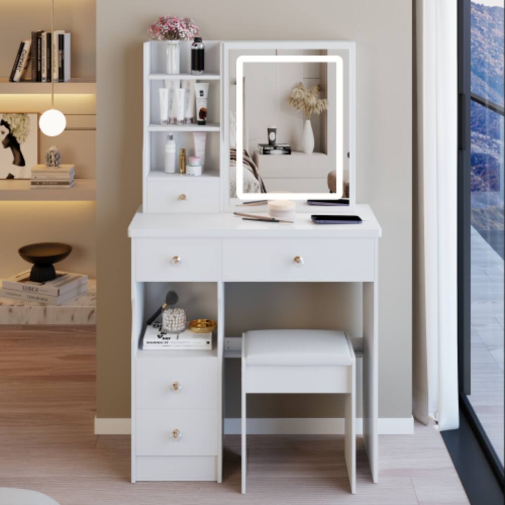 Left. LUCKY ONE - 29.2in Small Vanity Set with Sliding LED Mirror, Stool for Small Space - White.