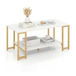 Costway - 2-Tier Coffee Table, Modern Accent Table with Open Storage Shelf - White & Gold
