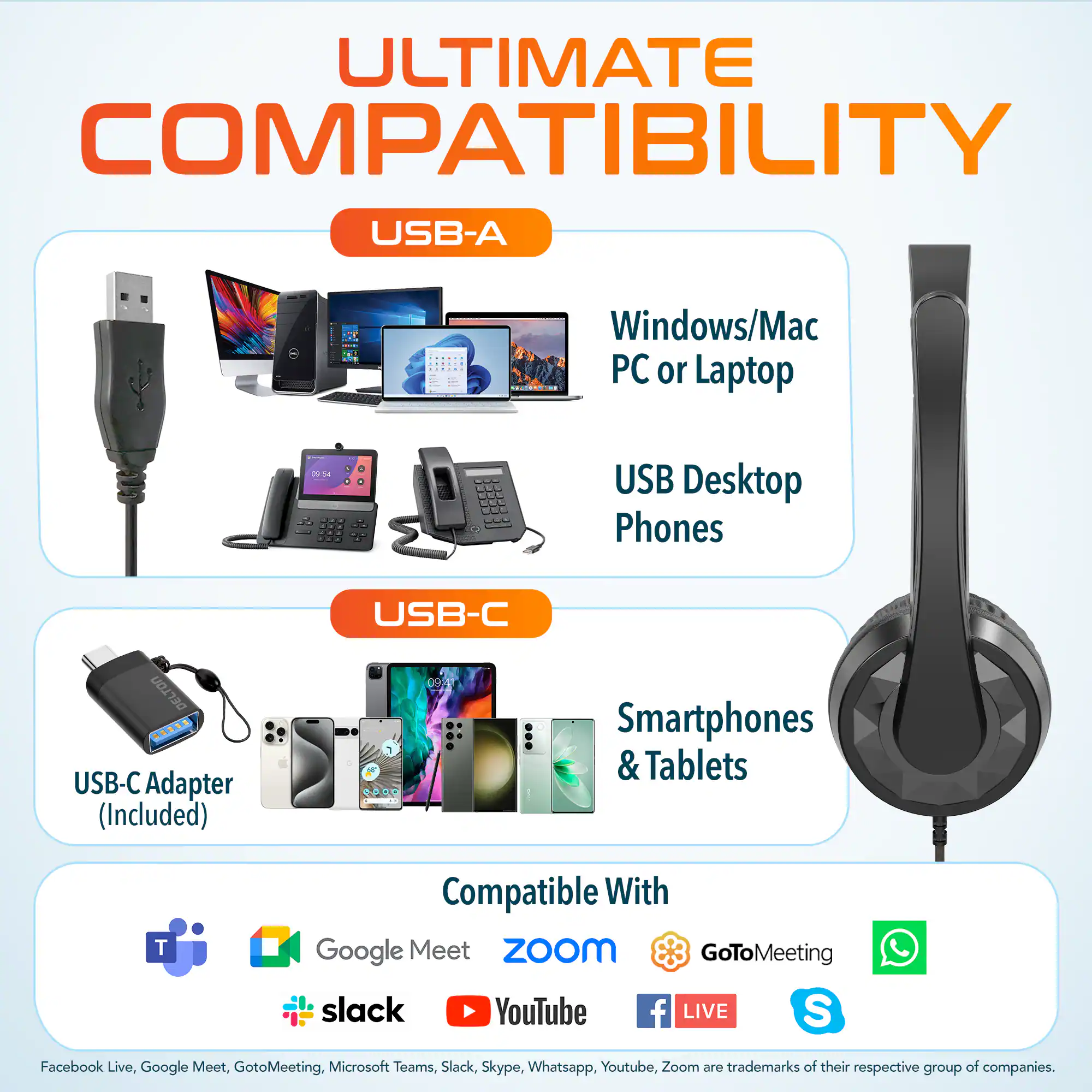 ULTIMATE COMPATIBILITY

USB-A
Windows/Mac PC or Laptop
USB Desktop Phones

USB-C
DELTON
USB-C Adapter (Included)
Smartphones & Tablets

Compatible With
Google Meet
ZOOm
GoToMeeting
slack
YouTube
f LIVE
S
Facebook Live, Google Meet, GotoMeeting, Microsoft Teams, Slack, Skype, Whatsapp, Youtube, Zoom

370 trademarks of their respective group of companies.
