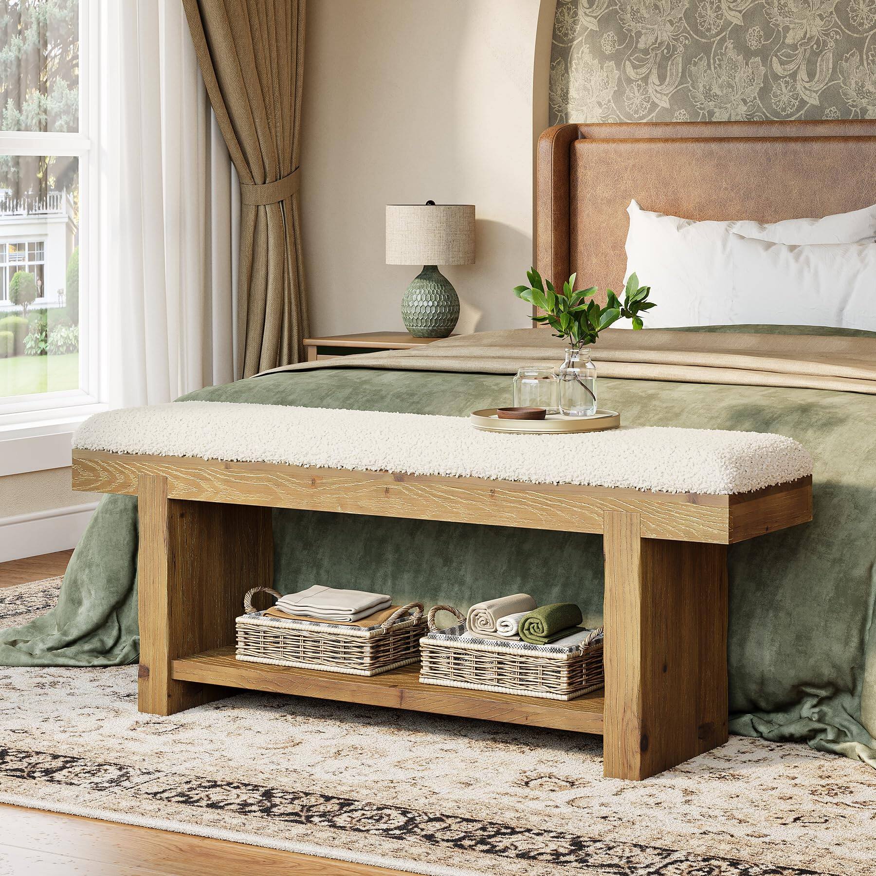 Back. Tribesigns - 47.2-Inch Solid Wood Entryway Bench, 2-Tier Farmhouse Upholstered Bedroom Bench with Storage Shelf, Narrow Bench for Bed - White & Brown.