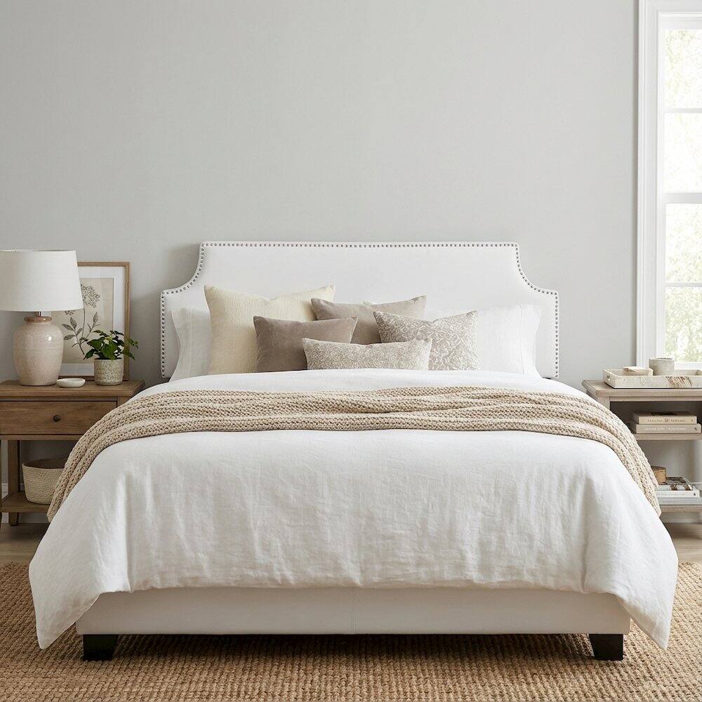 Left. FurniFact - Upholstered Vinyl Full Headboard with Smooth Finish and Durable Design - White.