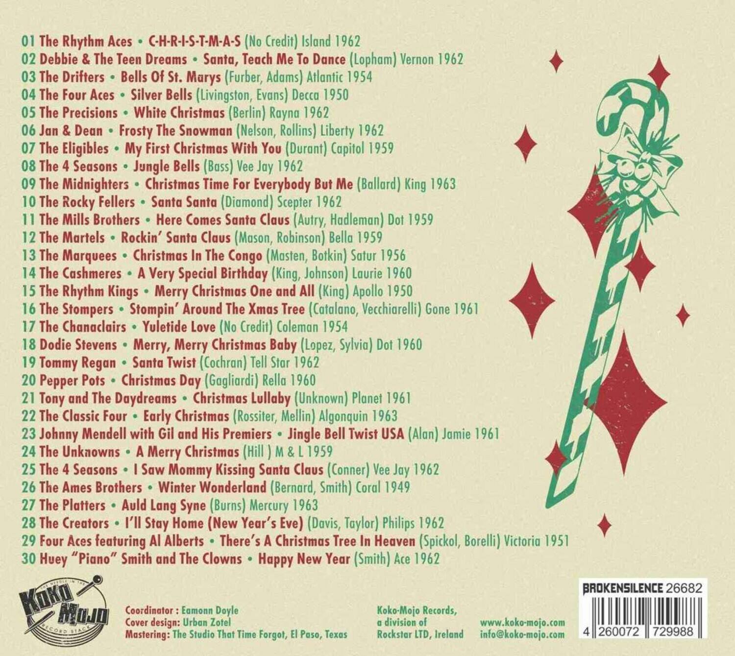 Sure, here is the corrected and grouped text:

---

**1962**

01 The Rhythm Aces - C-H-R-I-S-T-M-A-S (No Credit) Island 1962

02 Debbie & The Teen Dreams - Santa, Teach Me To Dance (Lopham) Vernon 1962

03 The Drifters - Bells Of St. Marys (Furber, Adams) Atlantic 1959

04 The Four Aces - Silver Bells (Livingston, Evans) Decca 1950

05 The Precisions - White Christmas (Berlin) Rayna 1962

06 Jan & Dean - Frosty The Snowman (Nelson, Rollins) Liberty 1962

07 The Eligibles - My First Christmas With You (Durant) Capitol 1959

08 The 4 Seasons - Jungle Bells (Bass) Vee Jay 1962

09 The Midnighters - Christmas Time For Everybody But Me (Ballard) King 1963

10 The Rocky Fellers - Santa Santa (Diamond) Scepter 1963

