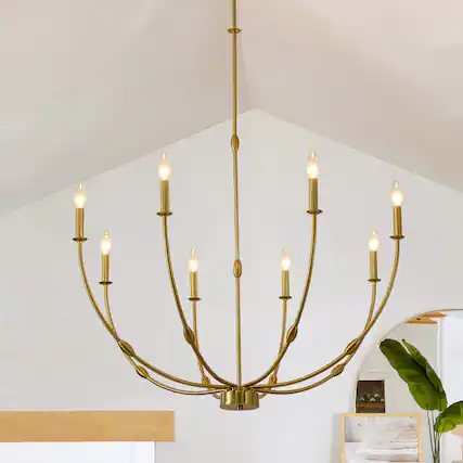 Front. RYHNUYNE - 8-Light Gold Chandelier Light Fixture, Industrial Candle Chandelier for Dining Room, Large Chandeliers for High Ceilings - Gold.