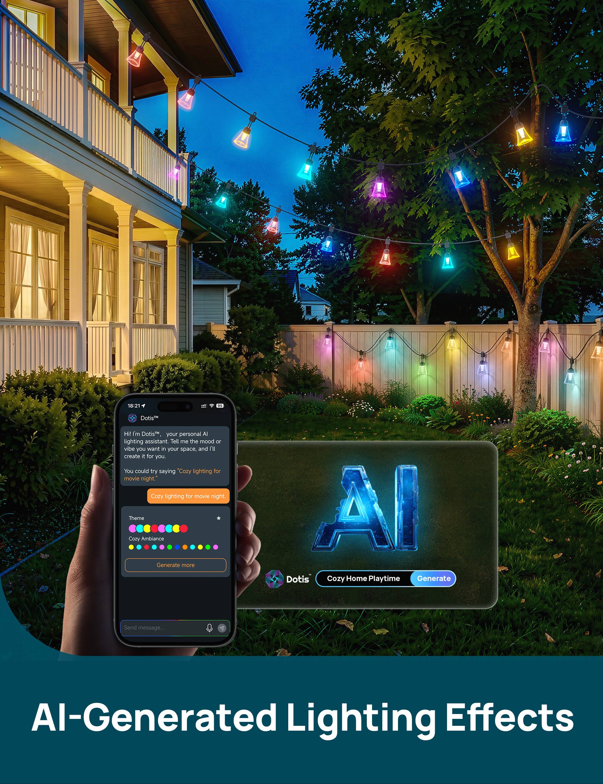 18:21 1

at
c

Dotis H2 I'm Dotis your personal AI lighting assistant. Tell me the mood or vibe you want in your space, and I'll create it for you. You could try saying "Cozy lighting for movie night." Cozy lighting for movie night. Theme * Cozy Ambiance Generate more

AI-Generated Lighting Effects