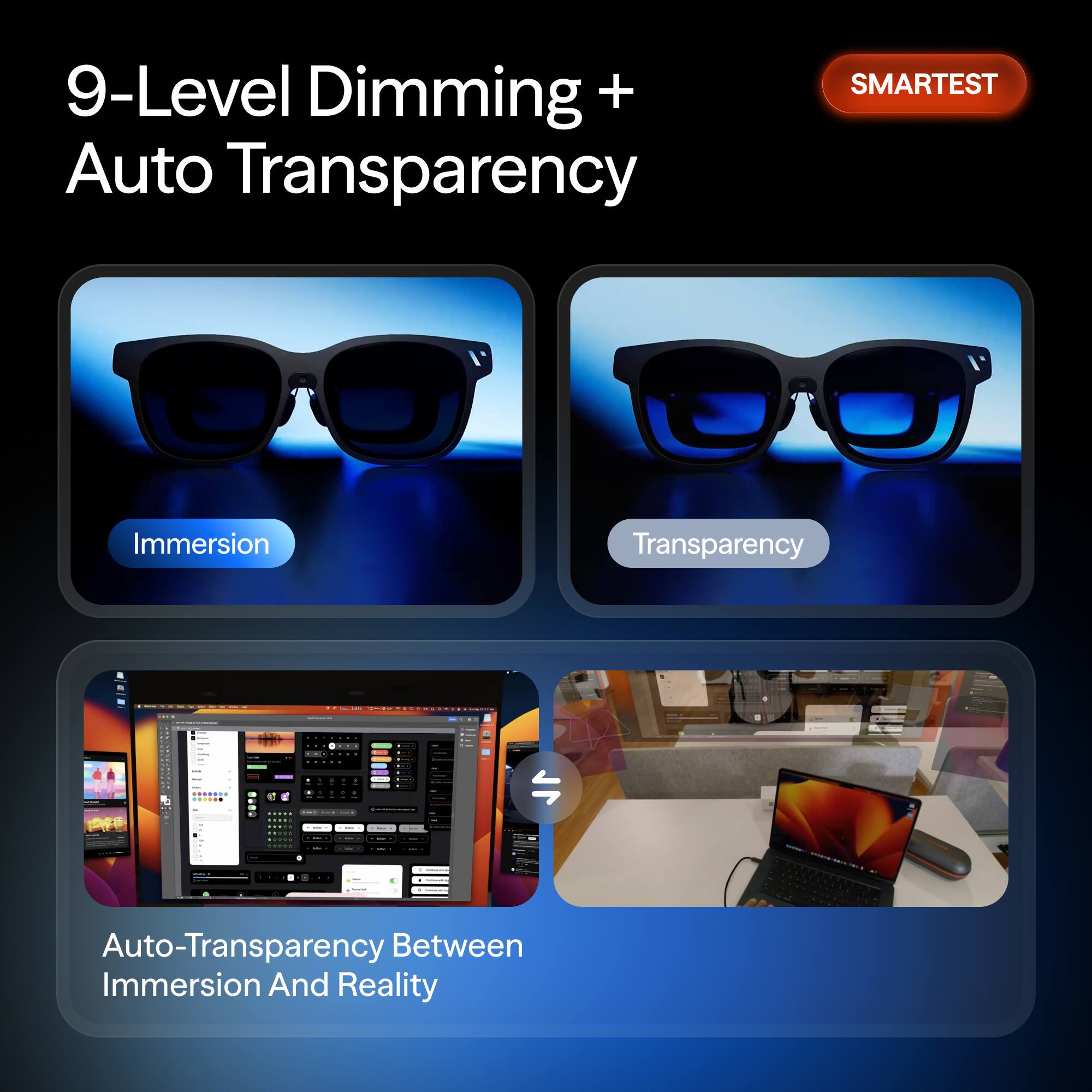 9-Level Dimming + Auto Transparency  
SMARTTEST  

Immersive Transparency  

Auto-Transparency Between Immersion And Reality