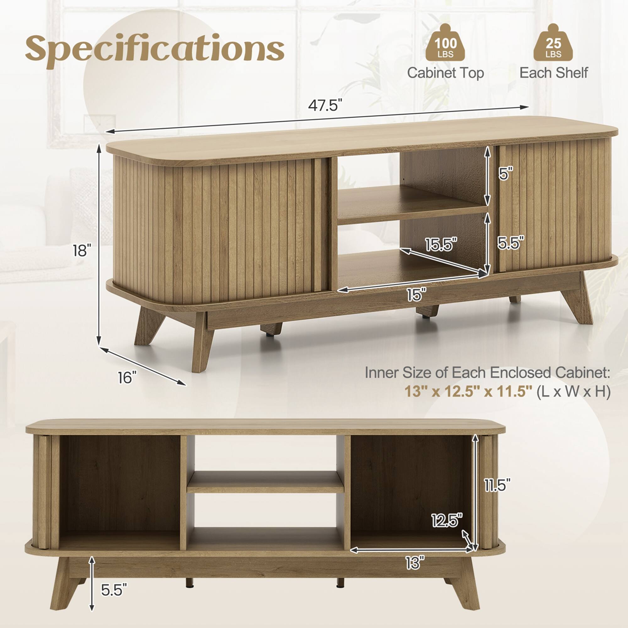 Specifications:

* Cabinet Top: 100 lbs
* Each Shelf: 25 lbs
* Dimensions: 47.5" x 5" x 18"
* Inner Size of Each Enclosed Cabinet: 13" x 12.5" x 11.5" (L x W x H)
* 11.5" x 12.5" x 5.5" (L x W x H)