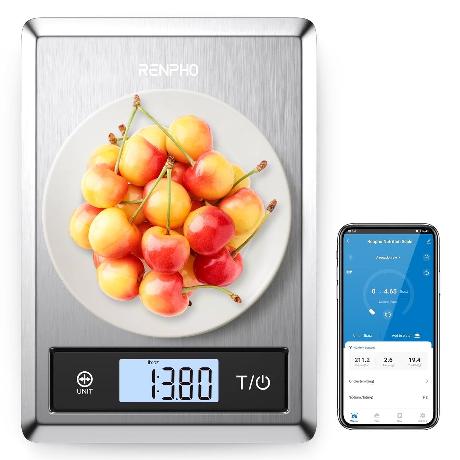 RENPHO J6  
Renpho Nutrition Scale  
Avocado -- 0  
4.65 lb:oz  
UNIT: lb:oz  
1380  
T/O  
Nutrient Content  
211.2  
2.6  
19.4  
Cholesterol (mg)  
Sodium (Na) (mg)
