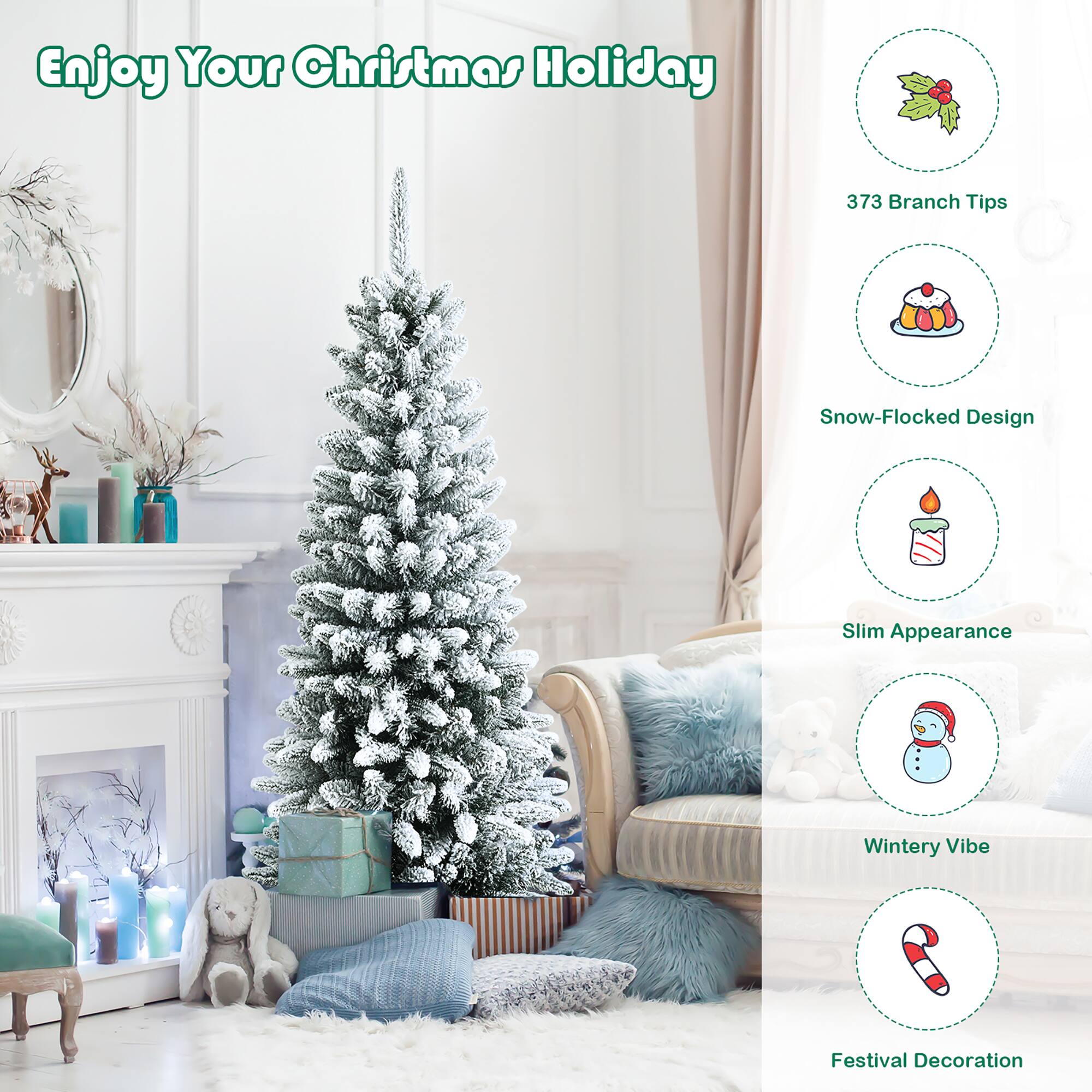Enjoy Your Christmas Holiday: 373 Branch Tips, Snow-Flocked Design, Slim Appearance, Wintery Vibe, Festival Decoration.