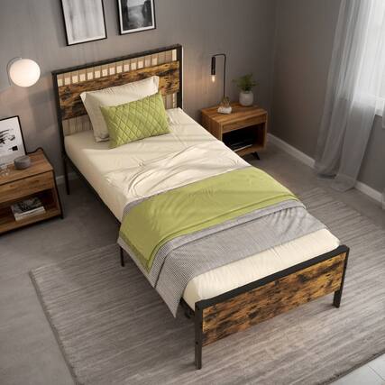 Front. Kadyn - Platform Bed Frame, Bedroom Bed Frame,Twin Metal Bed Frame Industrial Platform Bed with Wooden Headboard-Twin Size - Brown.