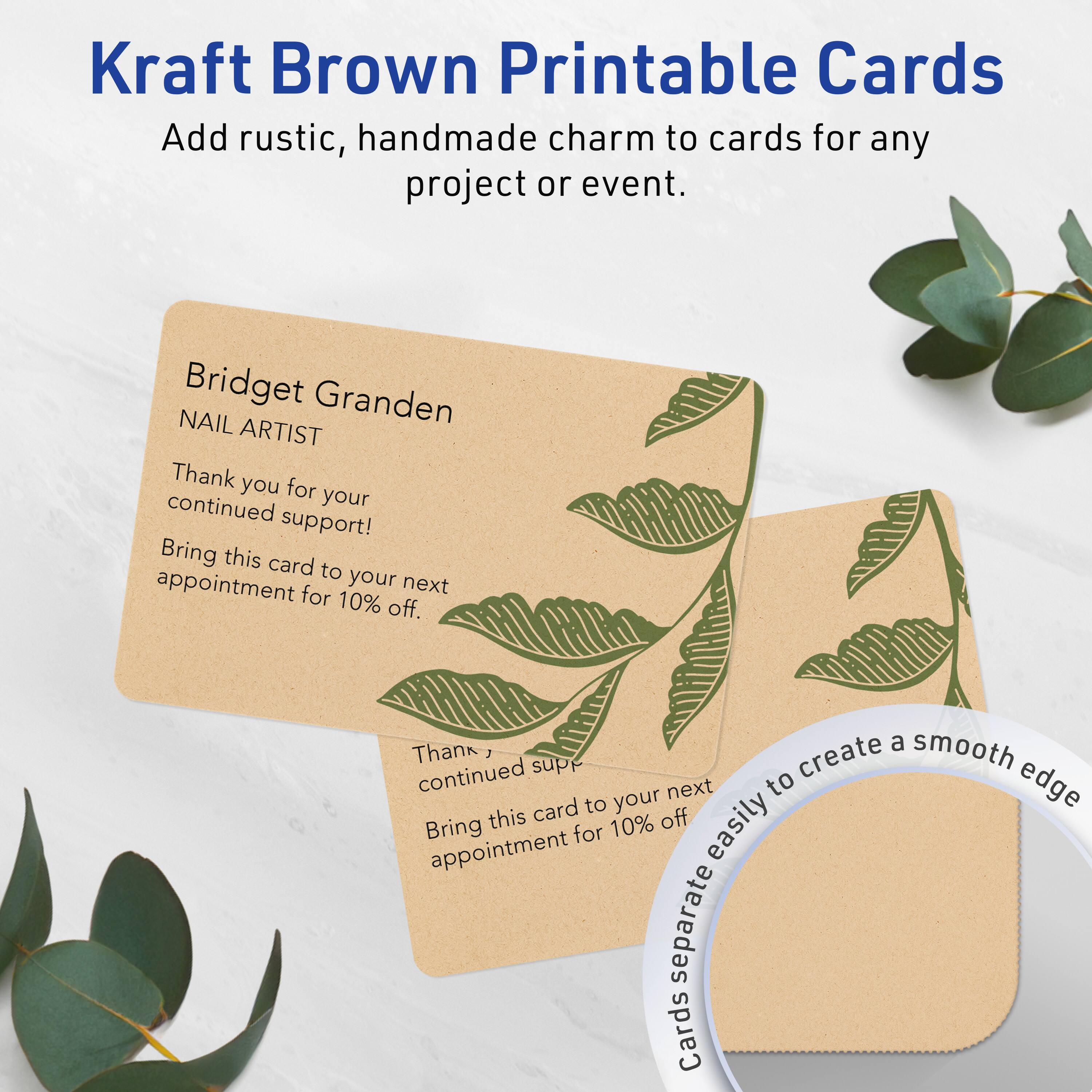 Kraft Brown Printable Cards  
Add rustic, handmade charm to cards for any project or event.

Bridget Granden  
NAIL ARTIST  

Thank you for your continued support!  
Bring this card to your next appointment for 10% off.

Thank you for your continued support!  
Bring this card to your next appointment for 10% off.

Cards separate easily to create a smooth edge.