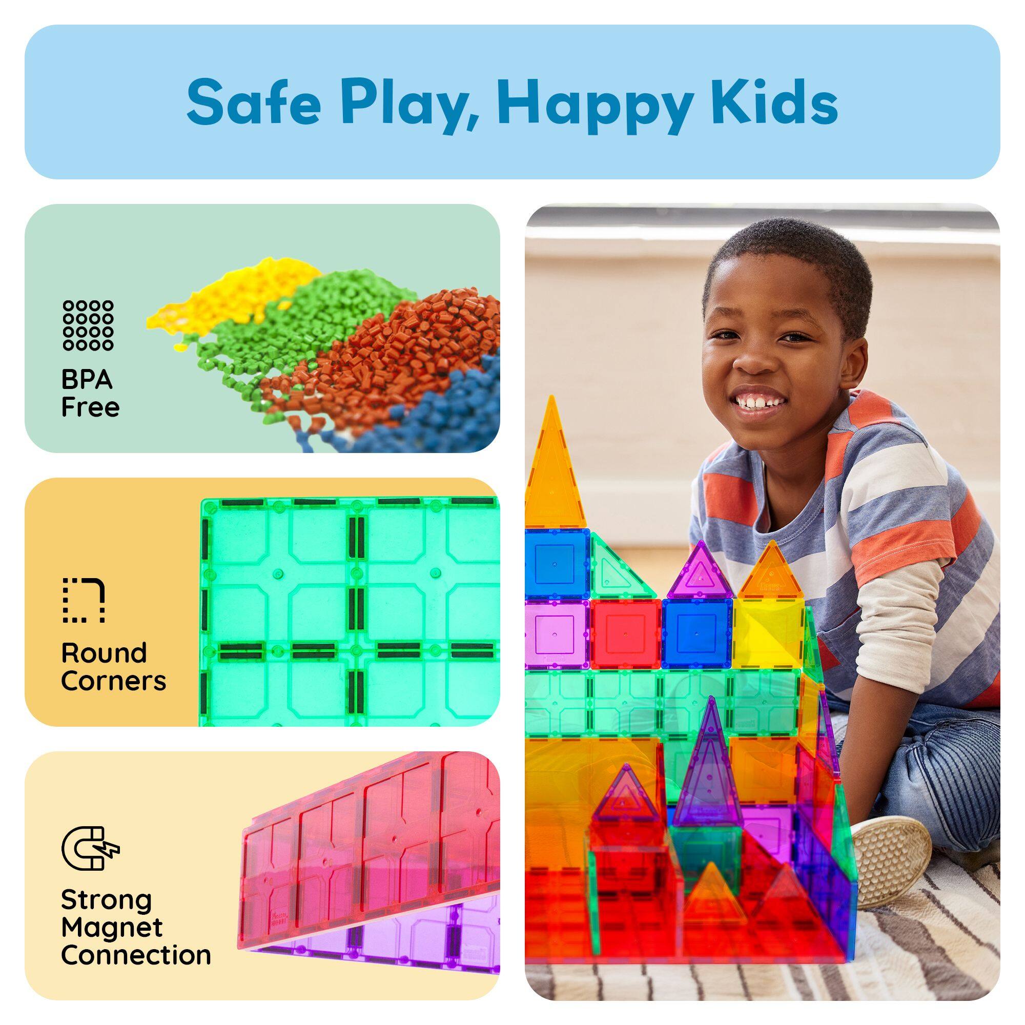 Safe Play, Happy Kids

BPA Free
Round Corners
Strong Magnet Connection