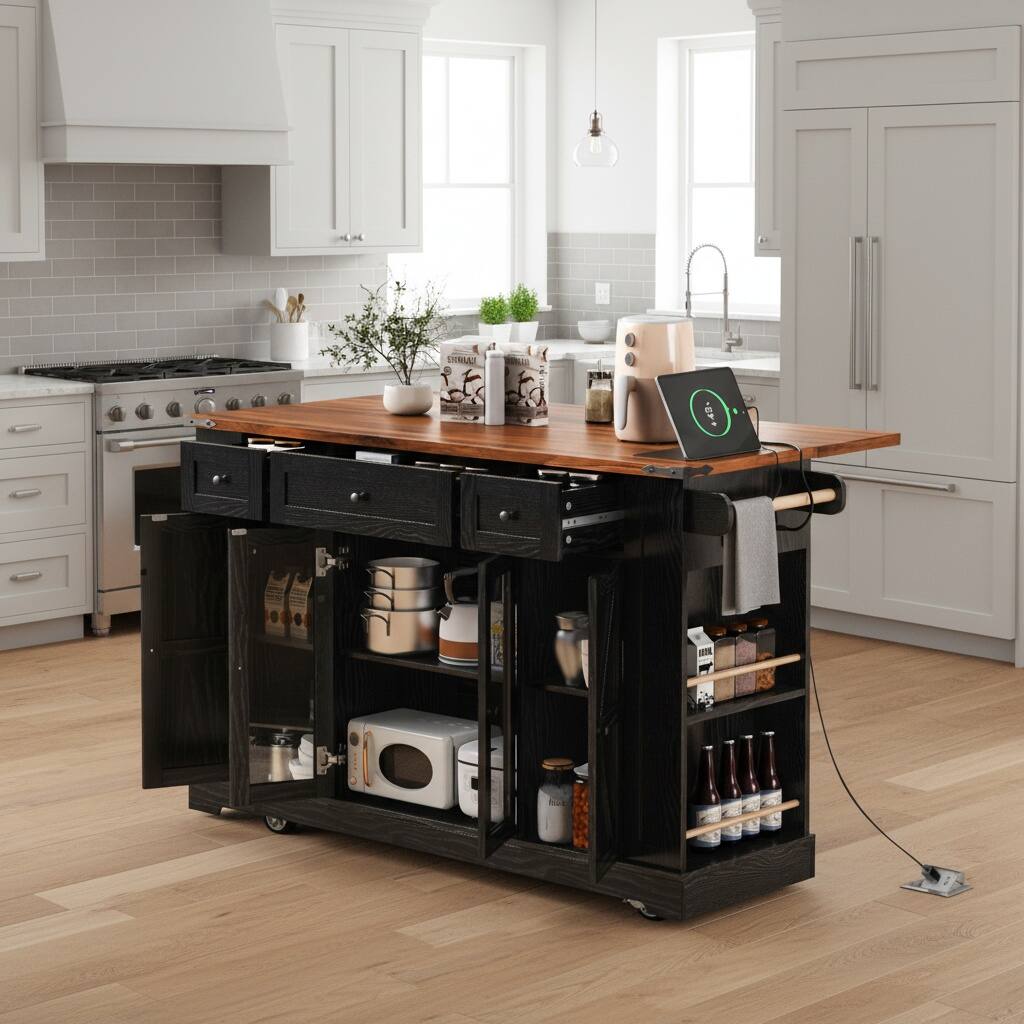 Forest'nSky 53 inch Farmhouse Kitchen Island with Tempered Glass Doors ...