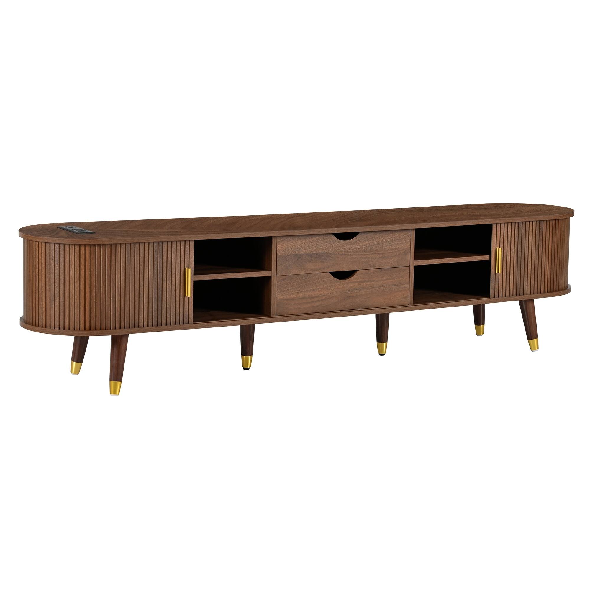 Alt View 6. Spaco - Spaco Wooden Oval TV Stand for TV up to 80" with Charging Station,Fluted Media Console with Tambour Door for Living Room - Walnut.