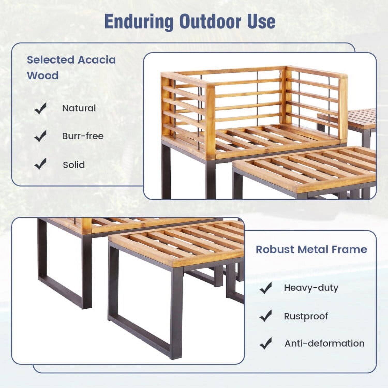 Enduring Outdoor Use

Selected Acacia Wood
- Natural
- Burr-free
- Solid

Robust Metal Frame
- Heavy-duty
- Rustproof
- Anti-deformation