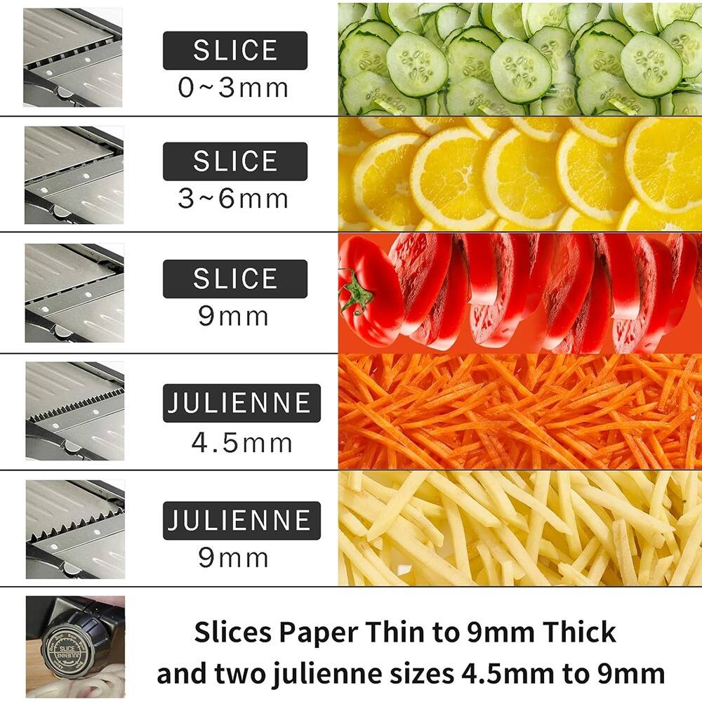 SLICE  
0 ~ 3mm  

SLICE  
3 ~ 6mm  

SLICE  
9mm  

JULIENNE  
4.5mm  

JULIENNE  
9mm  

Slices Paper Thin to 9mm Thick and two julienne sizes 4.5mm to 9mm