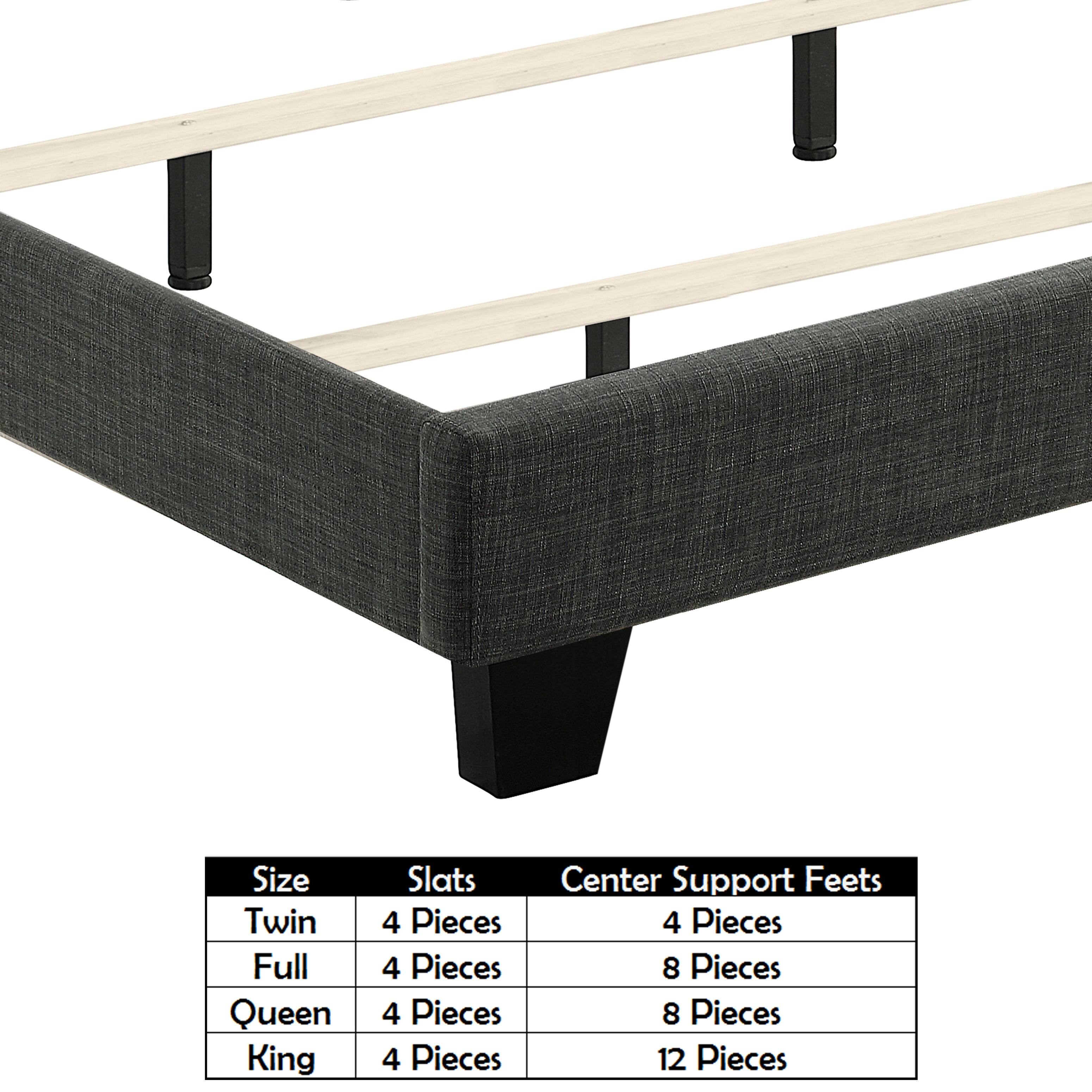 Size | Slats | Center Support Feet  
Twin | 4 Pieces | 4 Pieces  
Full | 4 Pieces | 8 Pieces  
Queen | 4 Pieces | 8 Pieces  
King | 4 Pieces | 12 Pieces