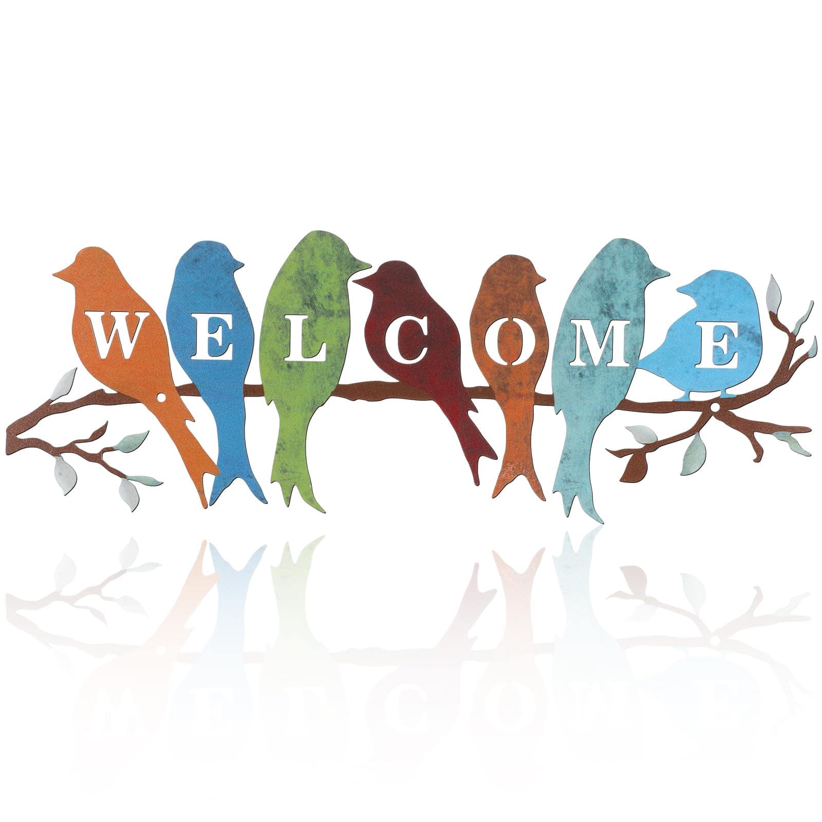 Fabibe - Bird Wall Art Birds On Branch Welcome Sign Hanging Outdoor Metal Decor Signs For Porch Vivid Statue Tree Silhouette - Rustic Colors