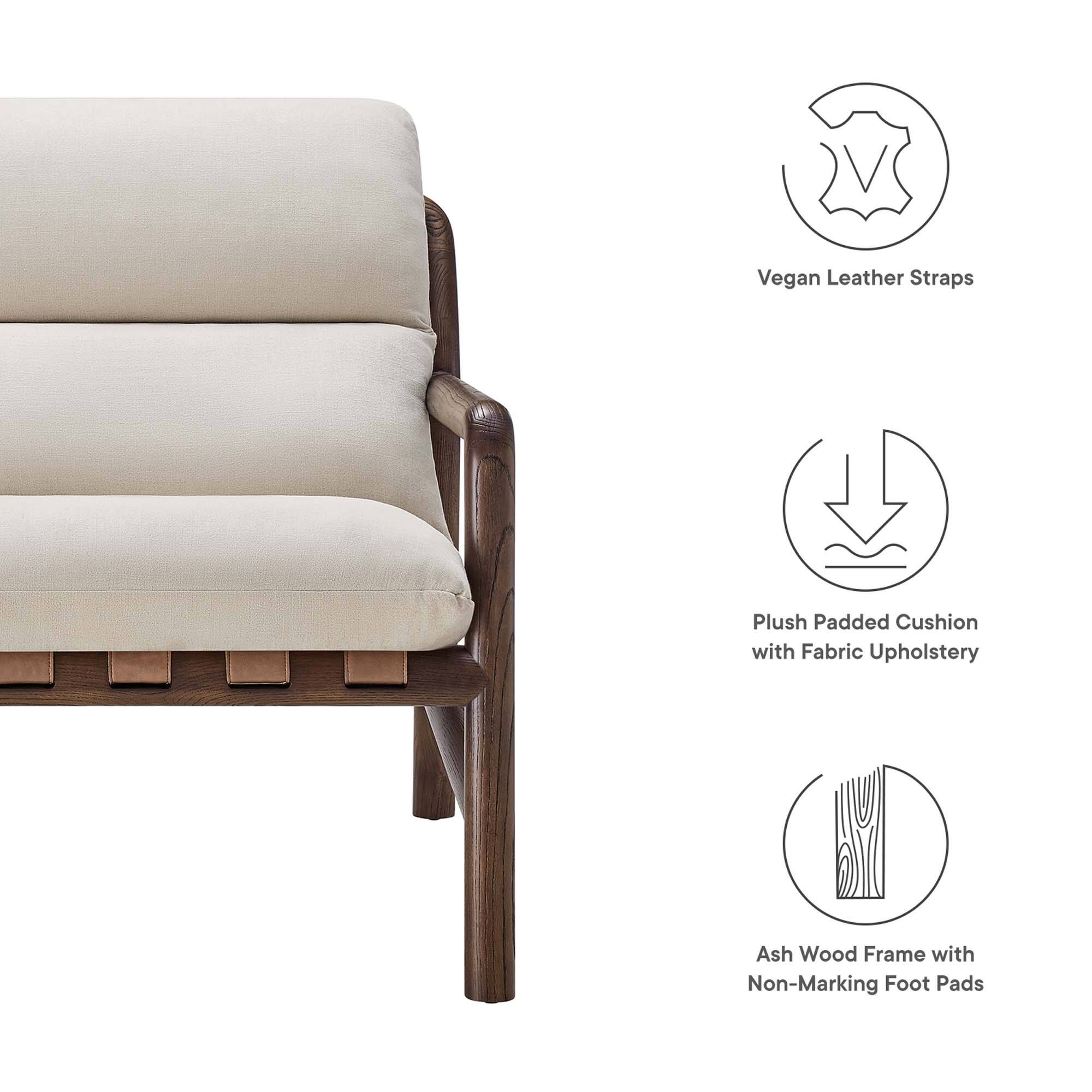 - Vegan Leather Straps
- Plush Padded Cushion with Fabric Upholstery
- Ash Wood Frame with Non-Marking Foot Pads