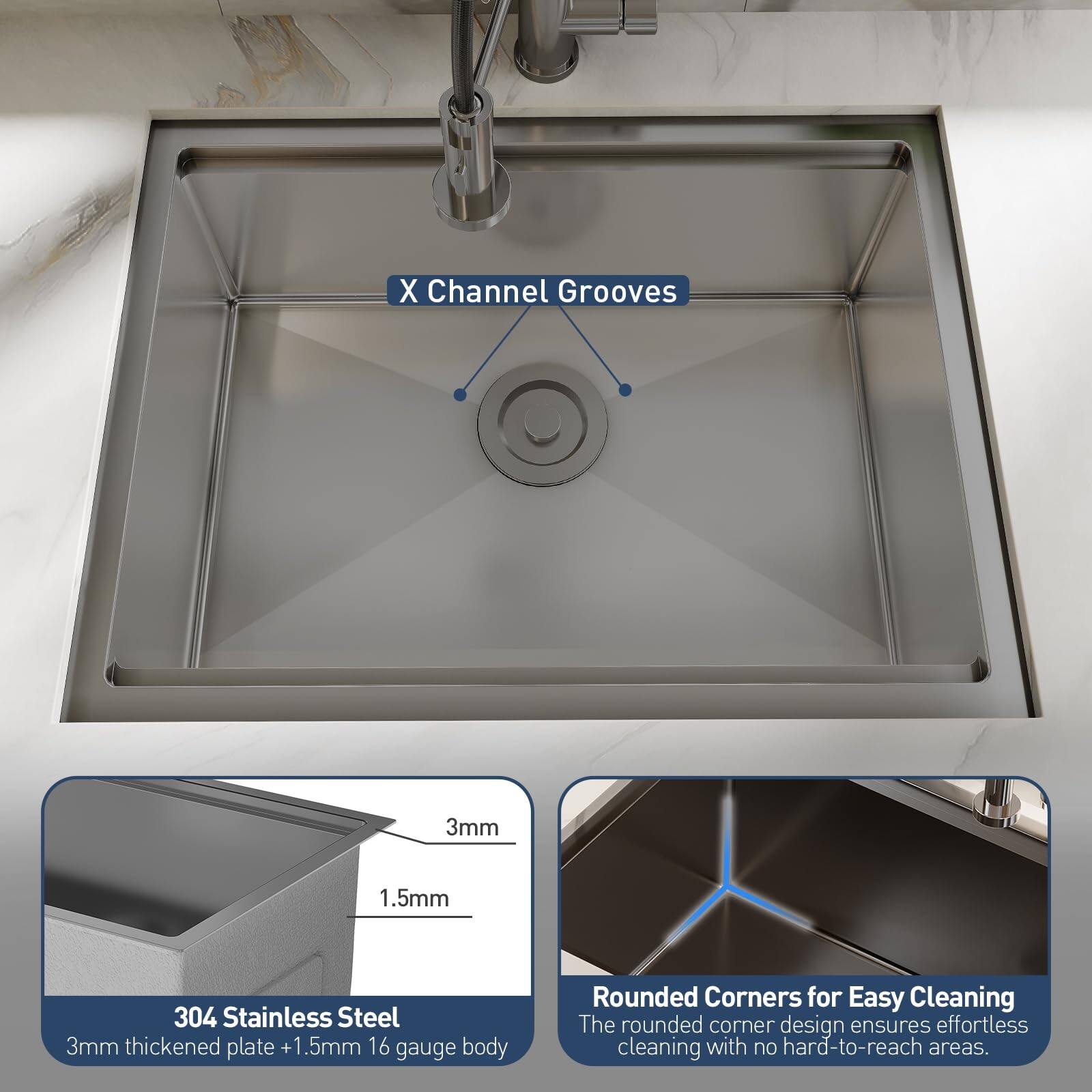 X Channel Grooves  
3mm 1.5mm  
304 Stainless Steel  
3mm thickened plate + 1.5mm 16 gauge body  
Rounded Corners for Easy Cleaning  
The rounded corner design ensures effortless cleaning with no hard-to-reach areas.