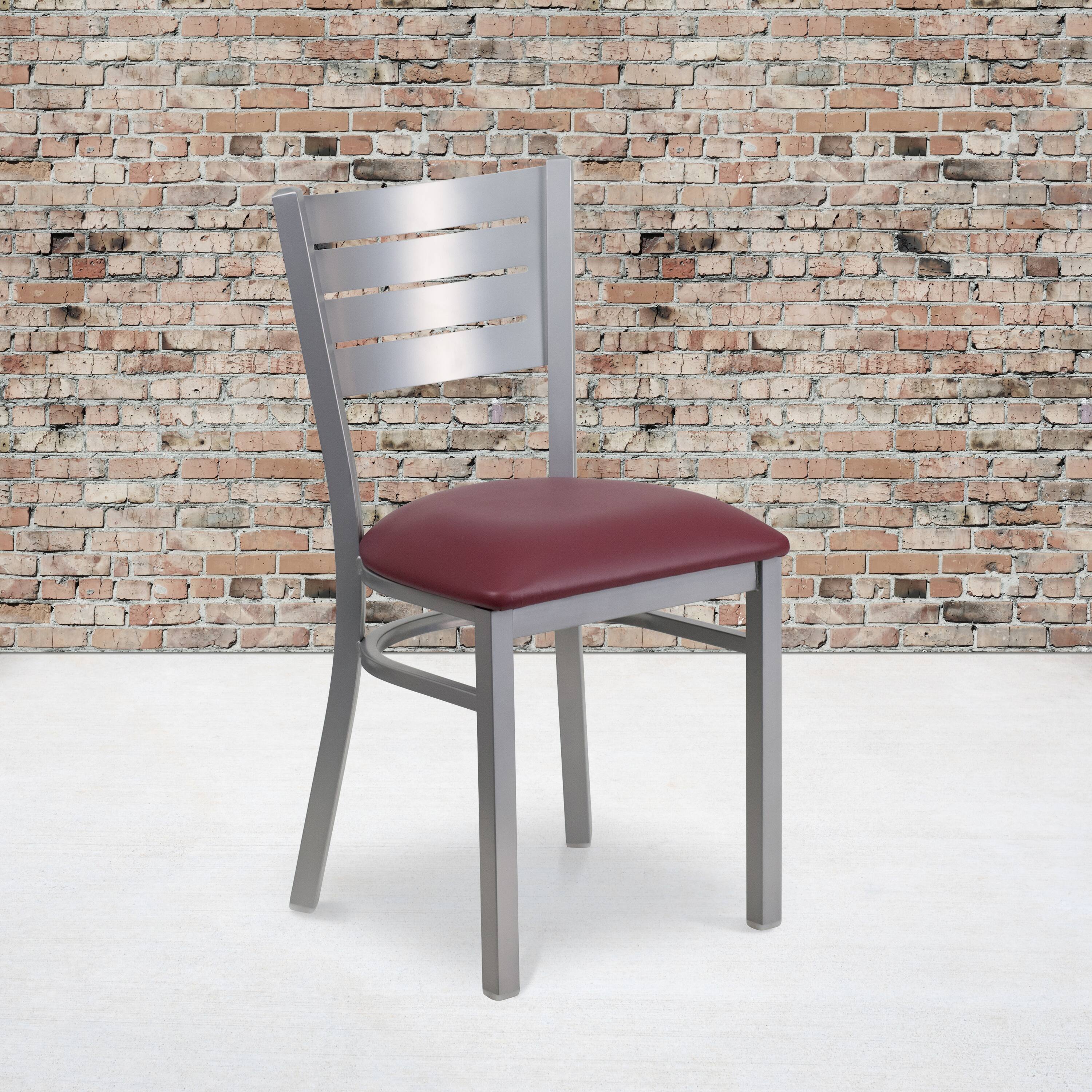 Alt View 1. Emma + Oliver - Silver Slat Back Metal Restaurant Dining Chair - Burgundy Vinyl Seat/Silver Frame.