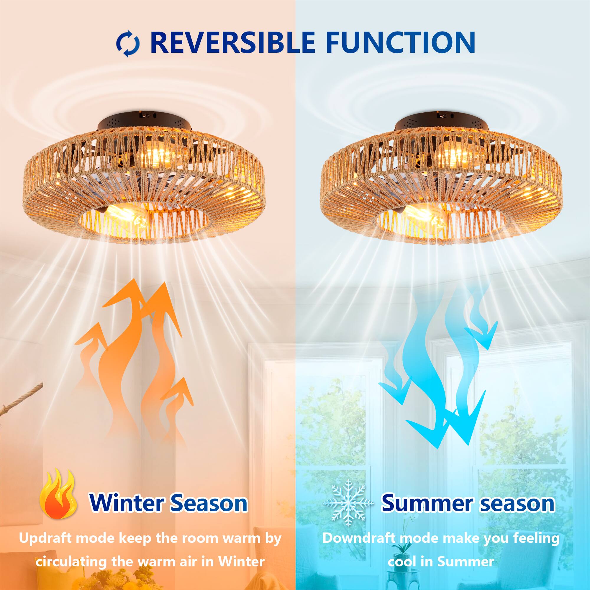 REVERSIBLE FUNCTION

Winter Season  
Updraft mode keeps the room warm by circulating the warm air in Winter

Summer Season  
Downdraft mode makes you feel cool in Summer