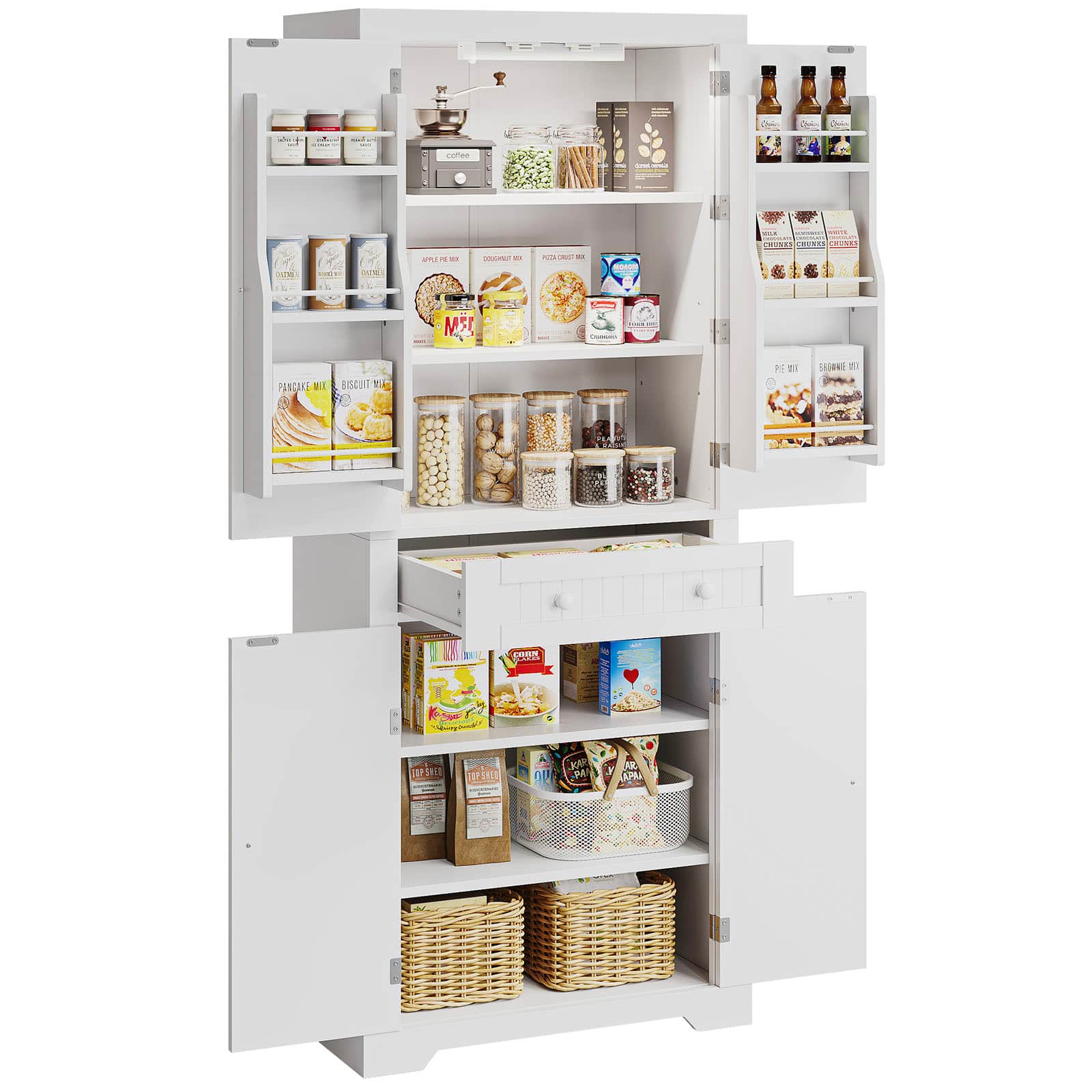 The image shows a white pantry with various food items stored in it. There are multiple bottles placed on the shelves, with some located on the top and others on the bottom. Additionally, there are several cups and bowls placed throughout the pantry. The pantry is filled with a variety of food items, including pancakes, corn, and other snacks. The arrangement of the items suggests that the pantry is well-stocked and organized, making it easy to find and access the desired food items.