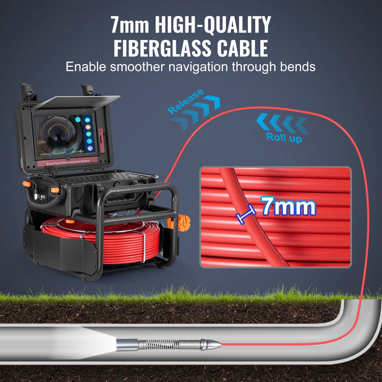 7mm HIGH-QUALITY FIBERGLASS CABLE  
Enable smoother navigation through bends  
Release - Roll up  

DrainPigaVides.Mapectoc.Syoom insportioe Eycrem i E pathga D4 Vdes 7mm