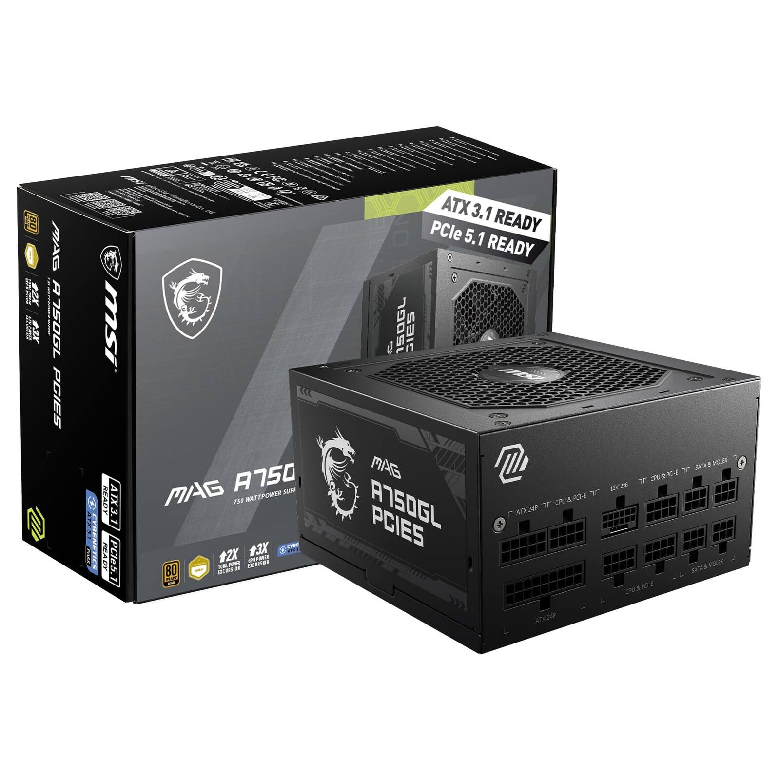 MSI MAG A750GL PCIES  
ATX 3.1 READY  
PCIe 5.1 READY  
750W 80+ GOLD  
2X 3X  
ATX 24P  
CPU 8P0  
ATX 24