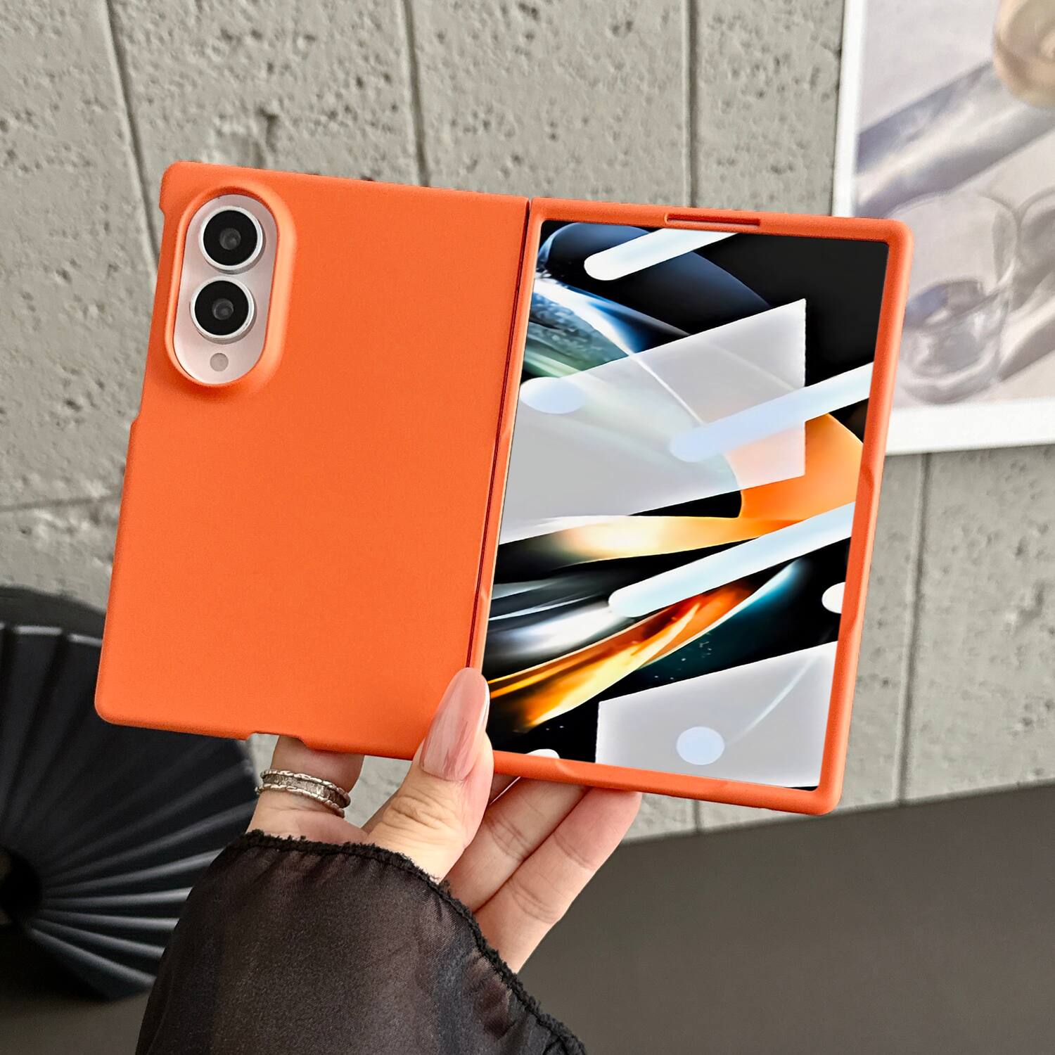 Angle. Dteck - for Samsung Galaxy Z Fold8 Rugged Slim Case with Built-in Tempered Glass Protector,Skin-Friendly Shockproof PC Cover - Orange.