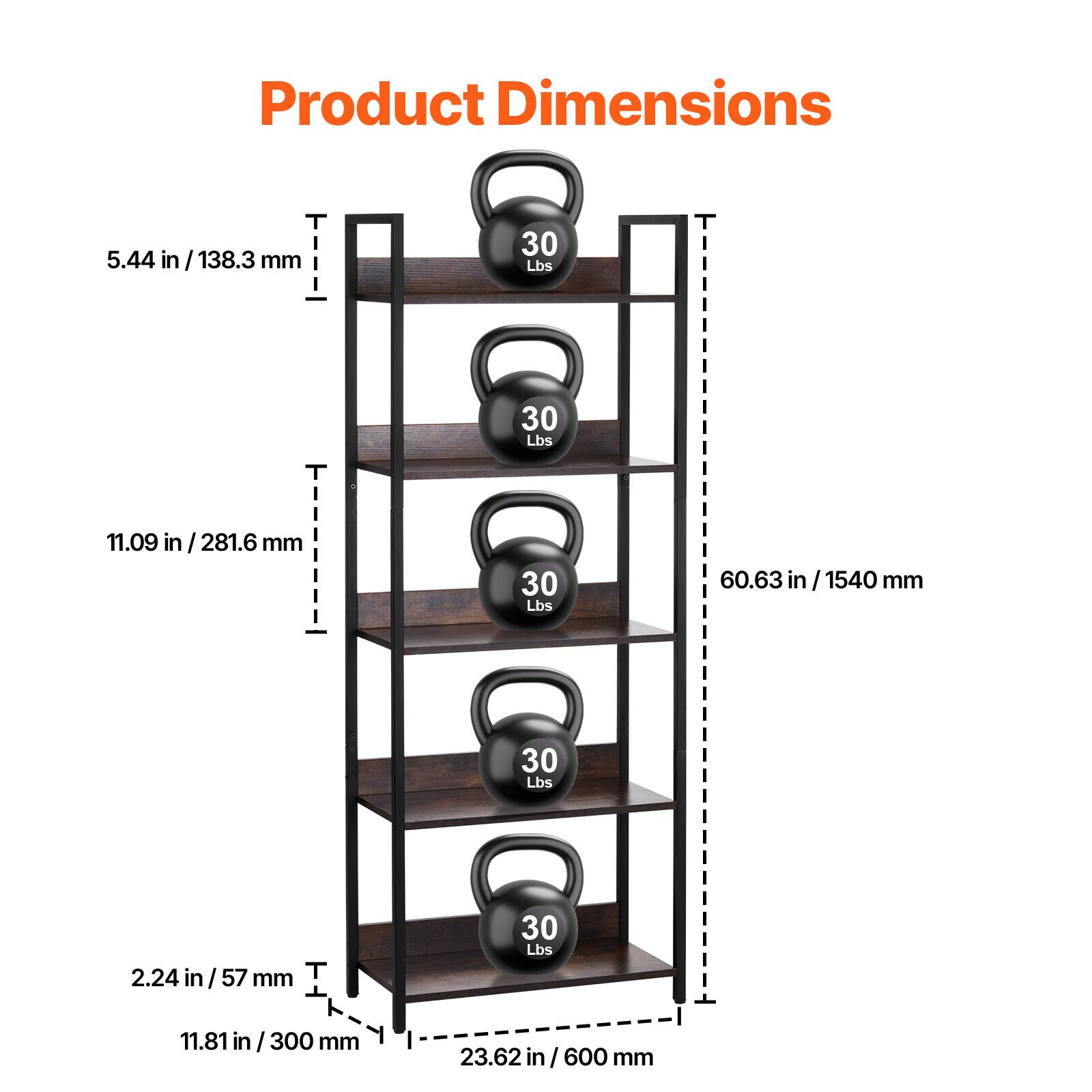 Product Dimensions

- 5.44 in / 138.3 mm
- 11.09 in / 281.6 mm
- 2.24 in / 57 mm
- 11.81 in / 300 mm
- 23.62 in / 600 mm
- 60.63 in / 1540 mm

Each shelf holds 30 Lbs.