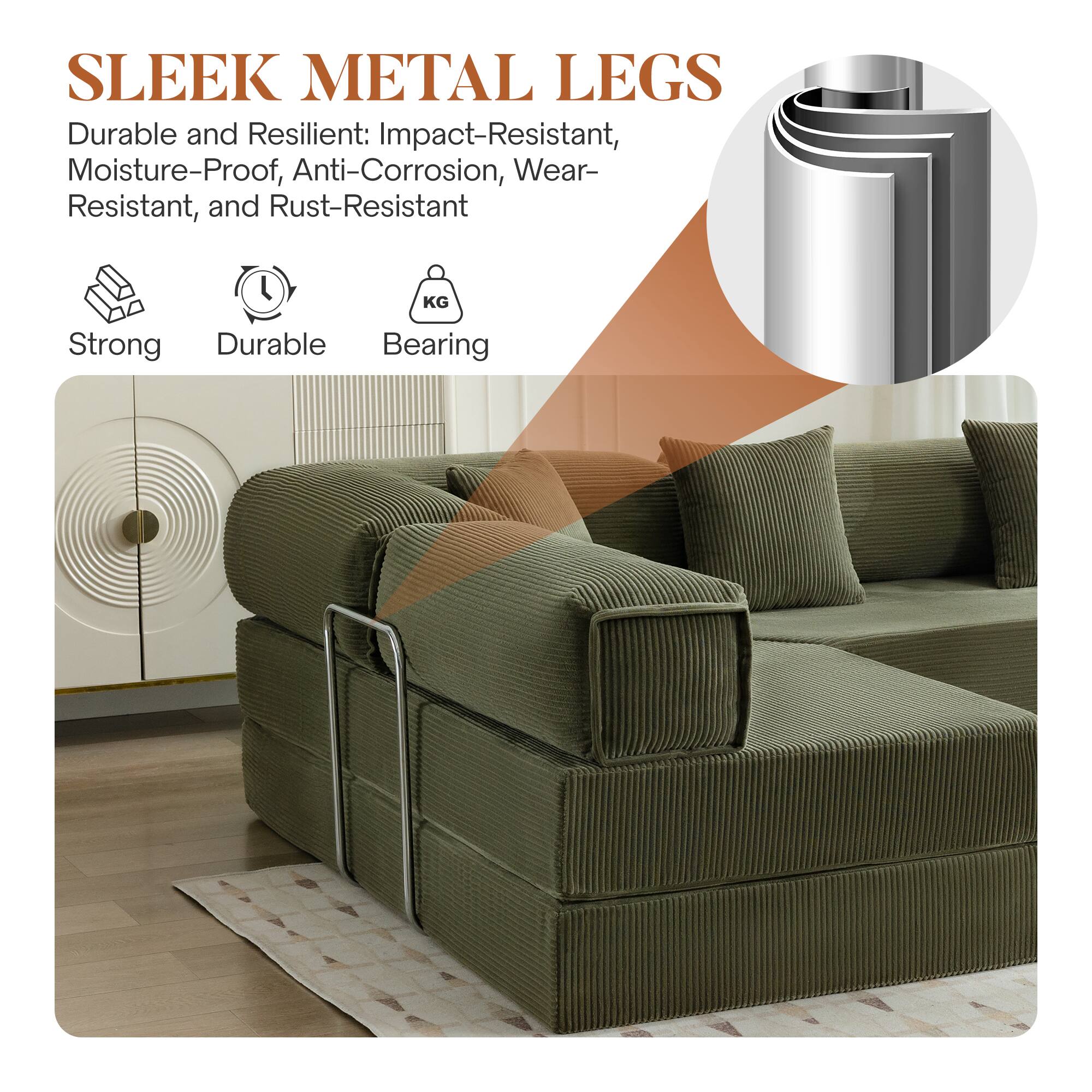 SLEEK METAL LEGS

Durable and Resilient: Impact-Resistant, Moisture-Proof, Anti-Corrosion, Wear-Resistant, and Rust-Resistant

Strong Durable Bearing