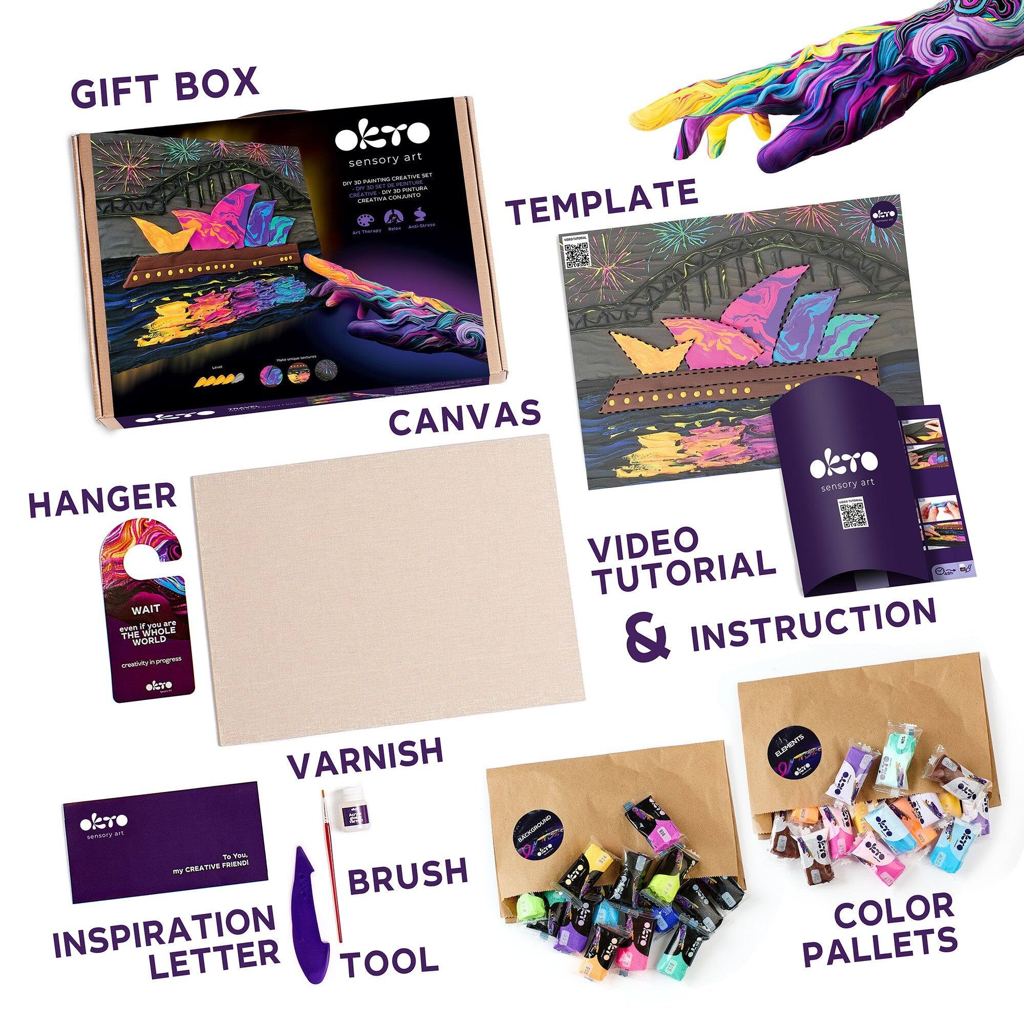 GIFT BOX  
sensory art  
DY-20 PAN CREATIVE SET  
CREATIVA QUANTUM  
CANVAS  
TEMPLATE  
HANGER  
WAIT THE WHOLE WORLD FOR PROGRESS  
INSPIRATION LETTER  
TO YOU, MY CREATIVE FRIEND  
BRUSH  
VARNISH  
VIDEO TUTORIAL & INSTRUCTION  
COLOR PALLETS