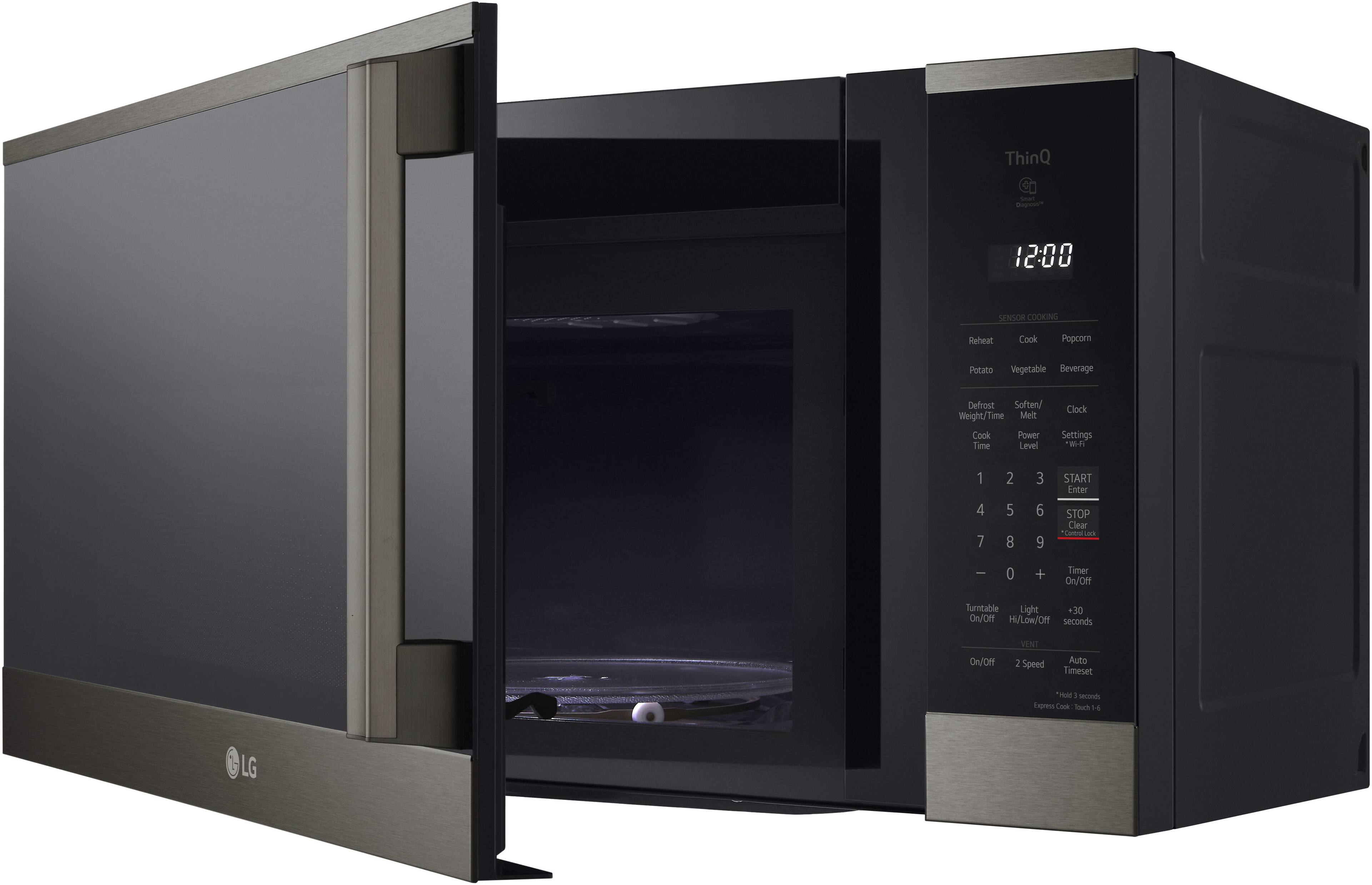 ThinQ  
12:00  

SENSOR COOKING  
Reheat  
Cook  
Popcorn  
Potato  
Vegetable  
Beverage  

Defrost  
Weight/Time  
Soften/Melt  
Cook  
Power  
Time  
Level  

Clock Settings  
*WA 1 4 7 2 5 8 3 6 9  

START  
Enter  
STOP  
Clear  

LA  
I  
0  
+  
Timer On/Off  

Turntable On/Off  
Light On/Off  
Hi/Low/Off  
seconds  

VENT On/Off  
2 Speed  
Auto  
Timeset  

*Hold 3 seconds  
Express Cook (Touch 1-6)  

LG